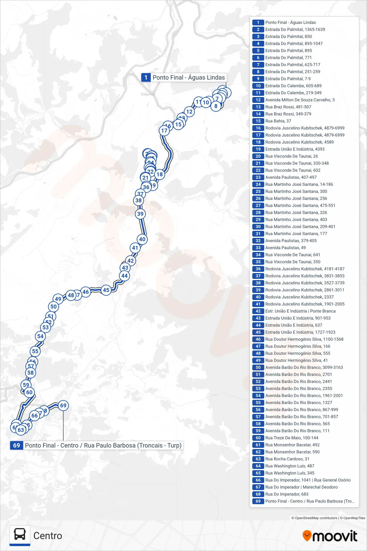 Rota e paradas da linha de ônibus  698  (Centro) no mapa
