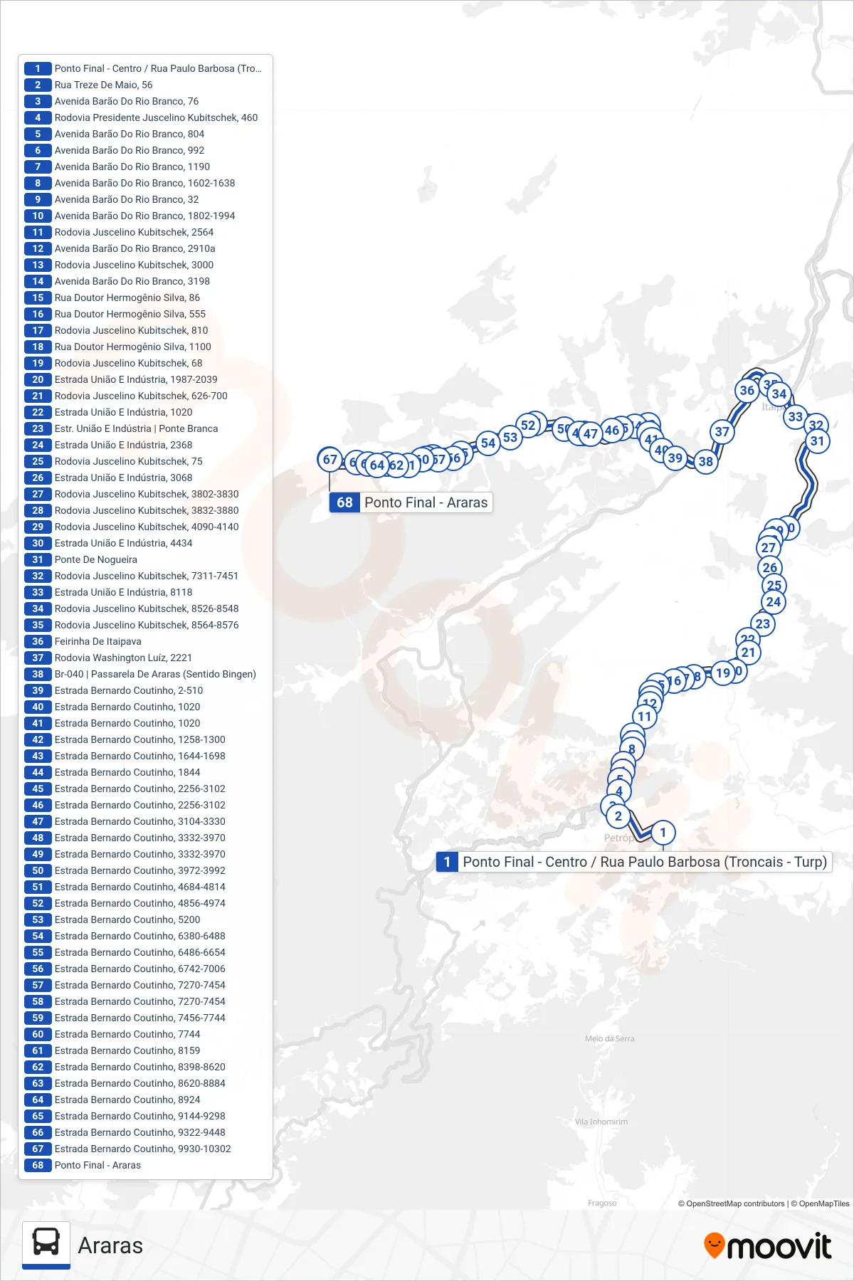 Rota e paradas da linha de ônibus 699 (Araras) no mapa