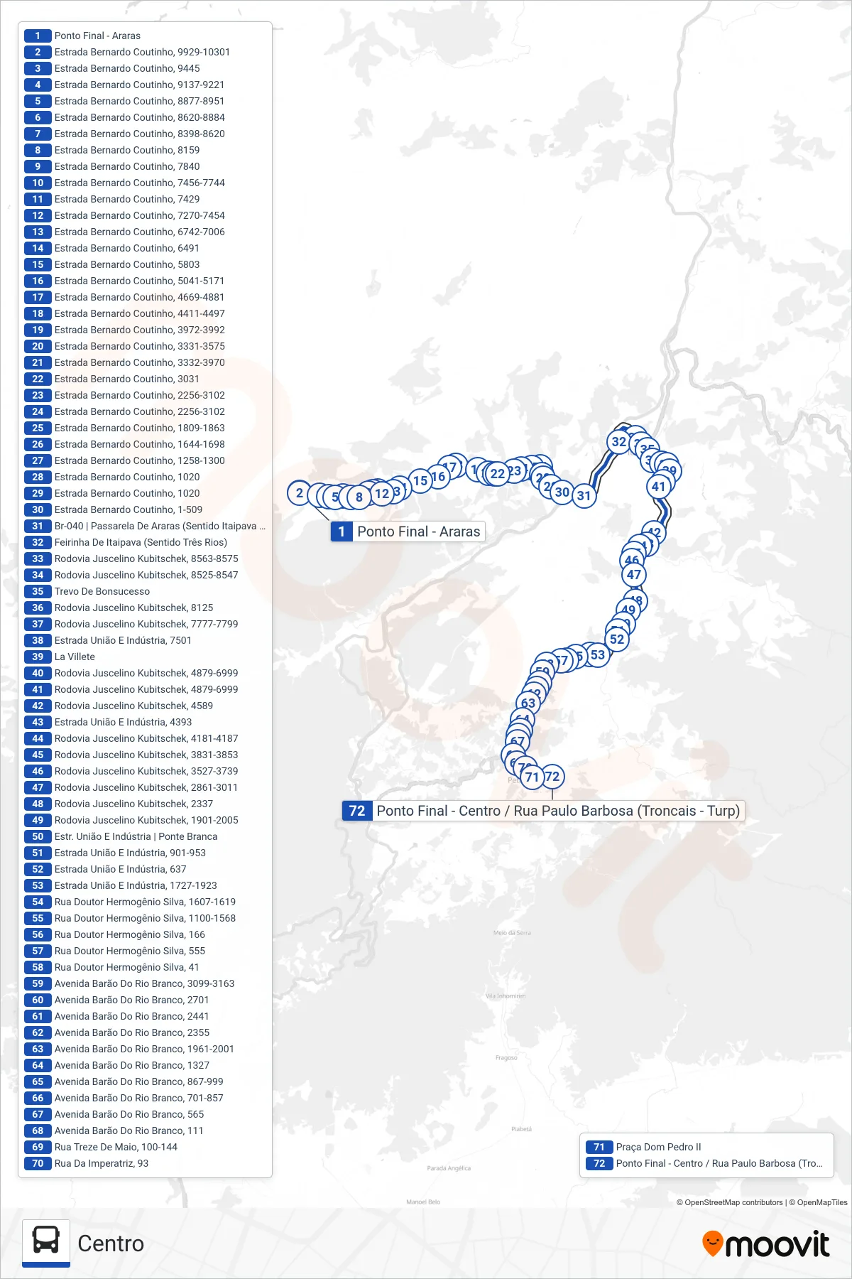 Rota e paradas da linha de ônibus 699 (Centro) no mapa