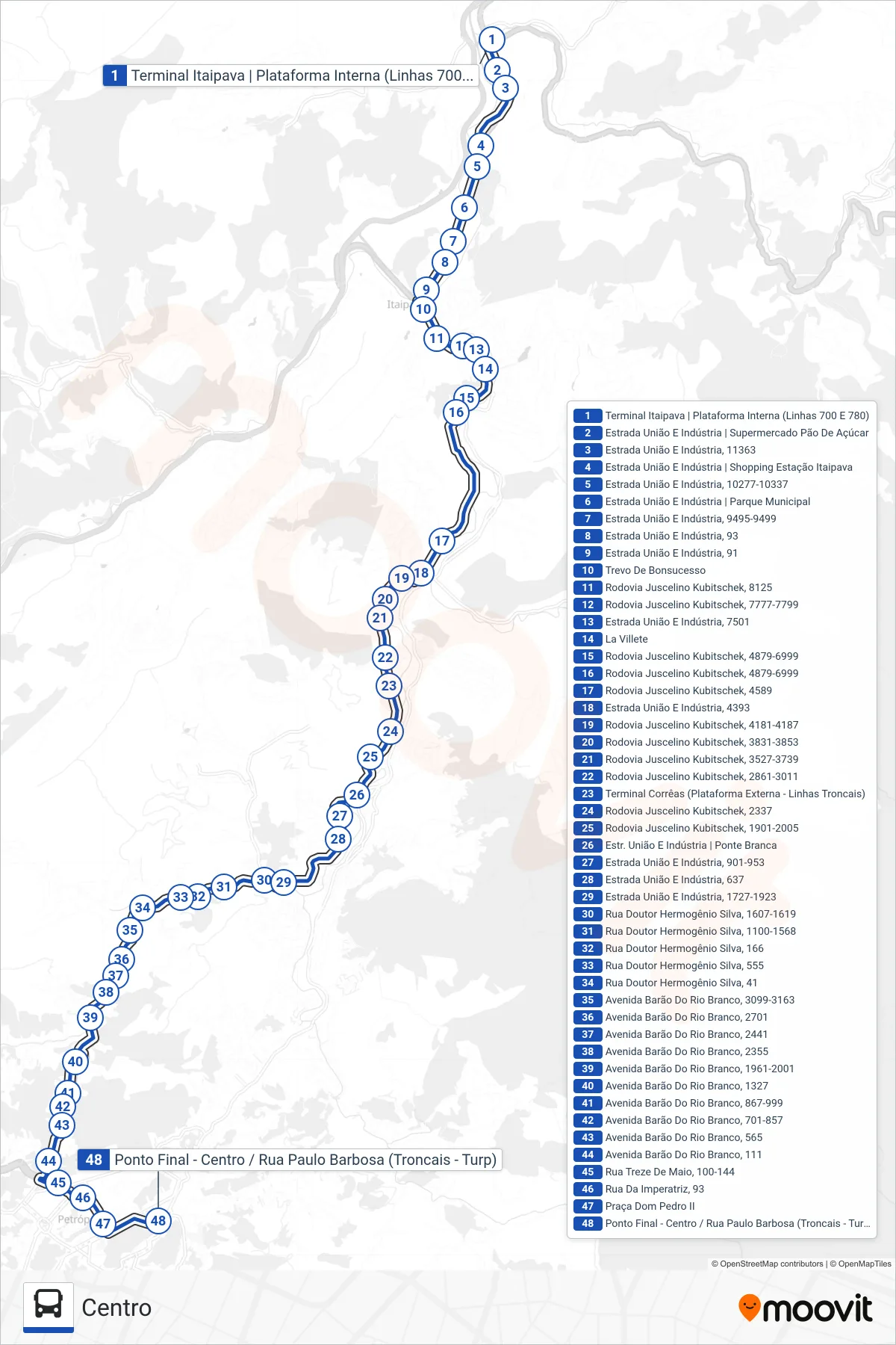 Rota e paradas da linha de ônibus  700  (Centro) no mapa