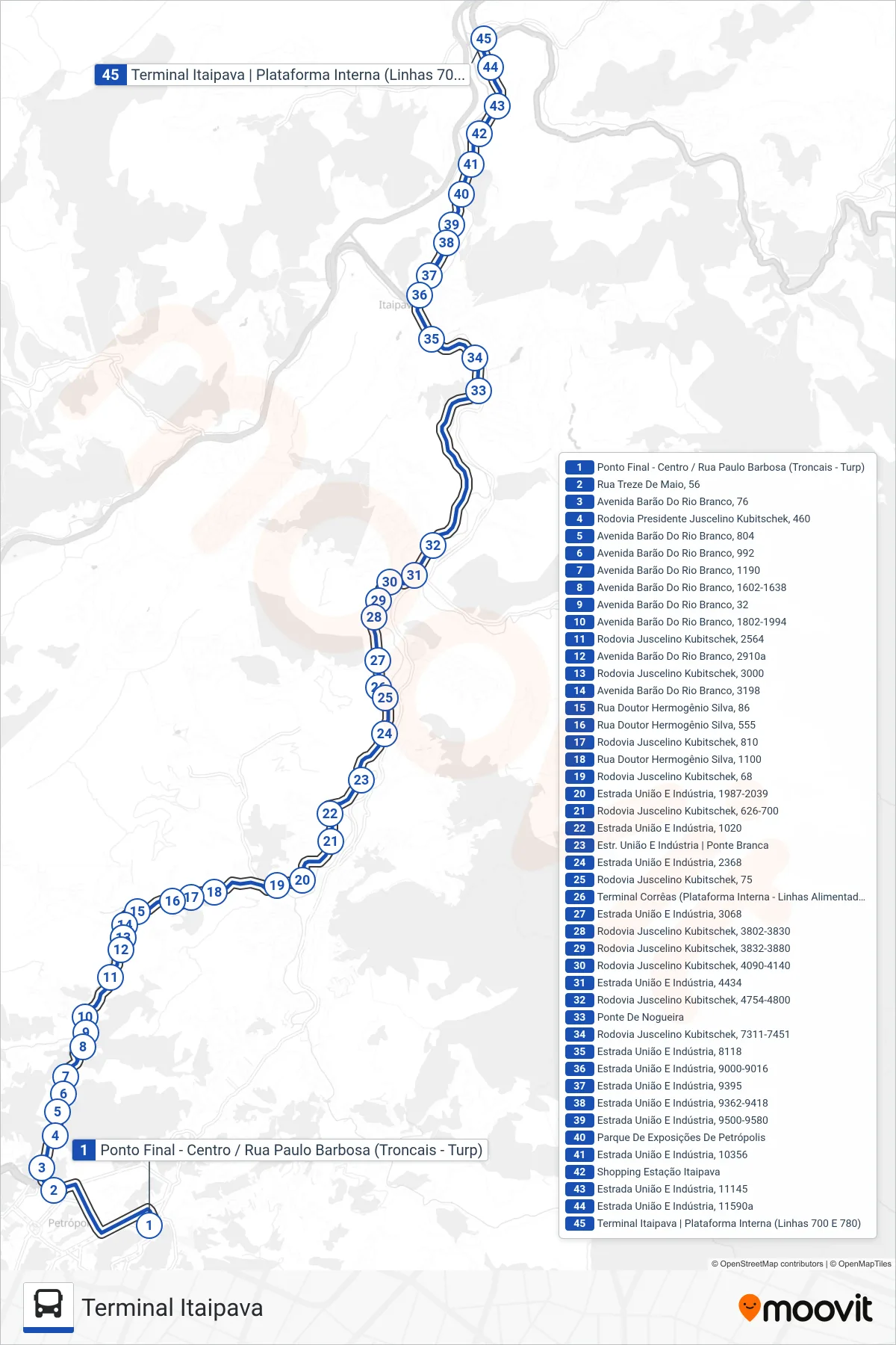 Rota e paradas da linha de ônibus 700 (Terminal Itaipava) no mapa