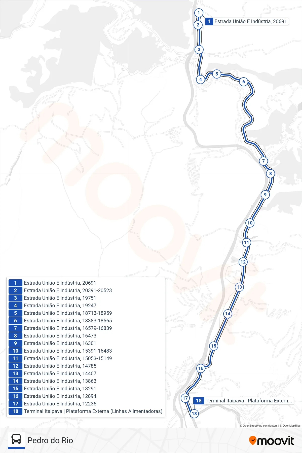 Rota e paradas da linha de ônibus 701 (Terminal Itaipava) no mapa
