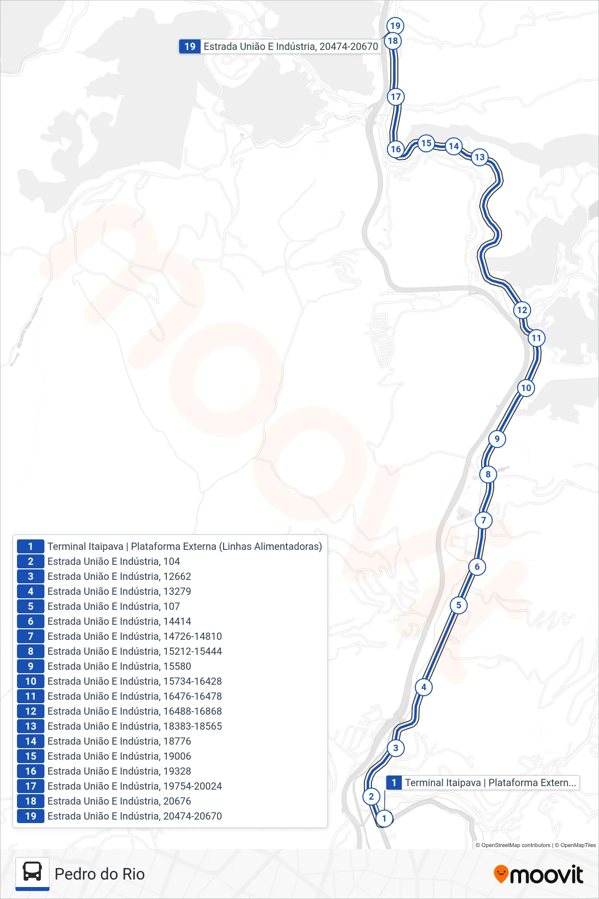Rota e paradas da linha de ônibus 701 (Pedro Do Rio) no mapa