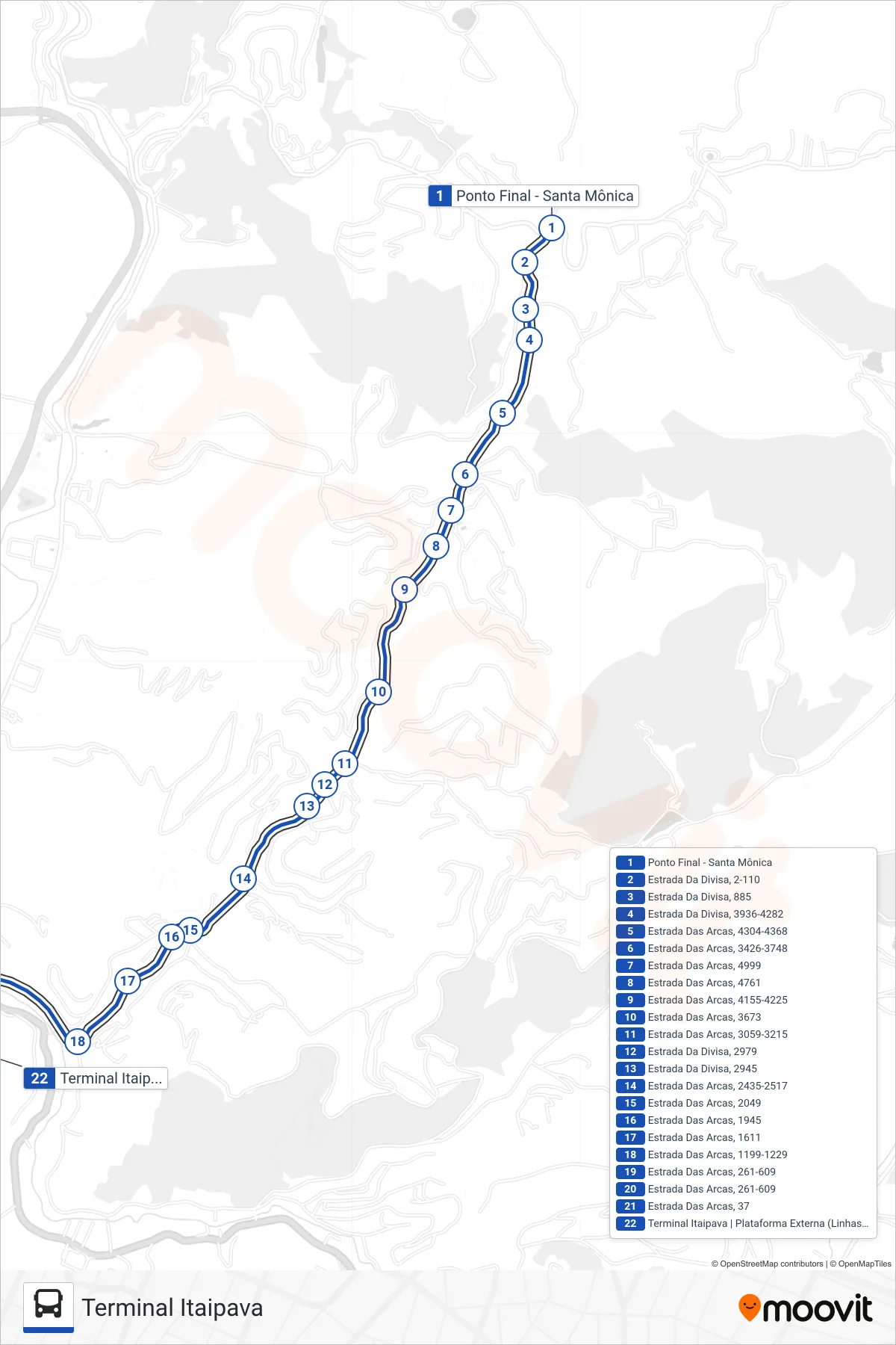 703 bus Line (Terminal Itaipava) route and stops on a map