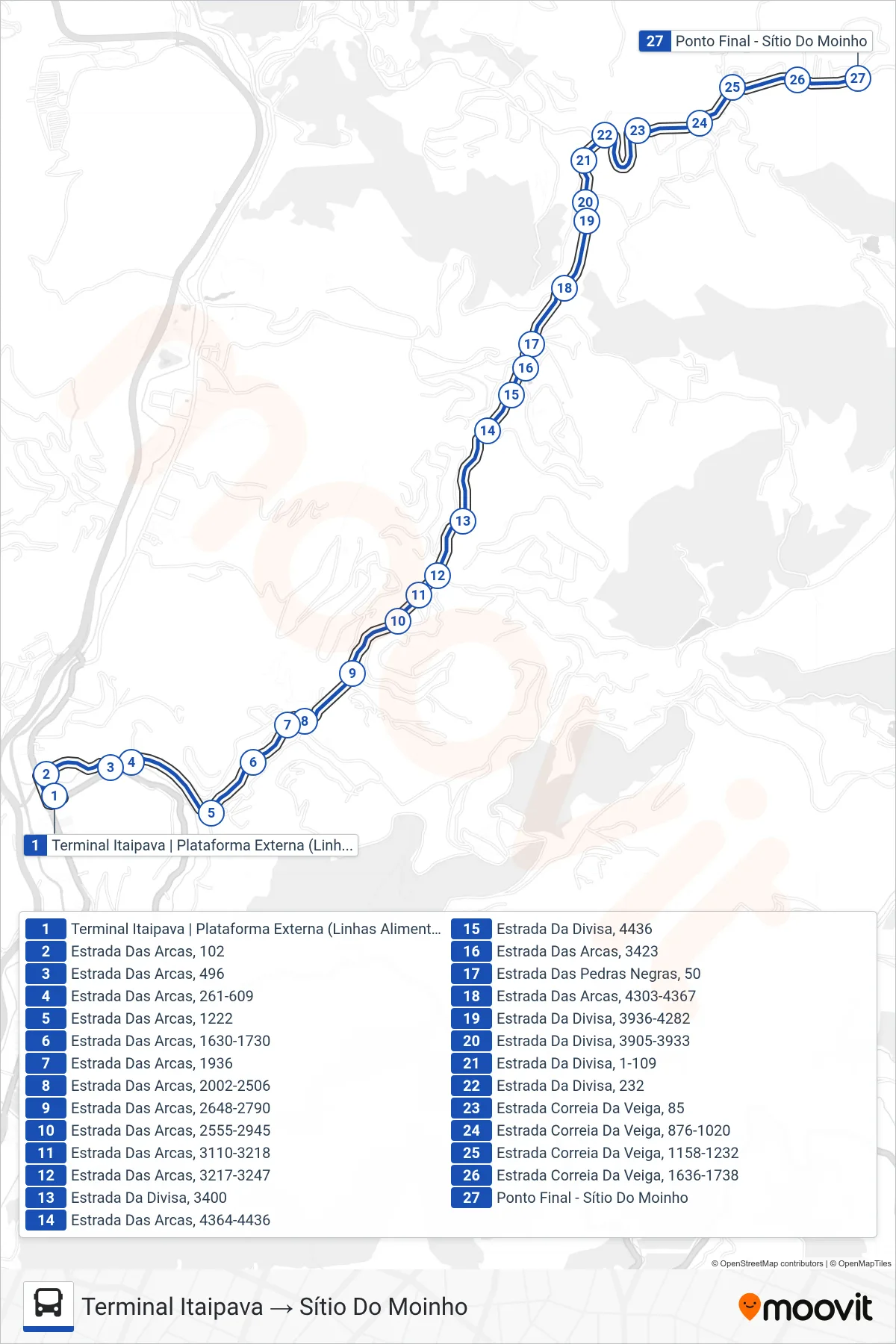 703 bus Line (Terminal Itaipava → Sítio Do Moinho) route and stops on a map