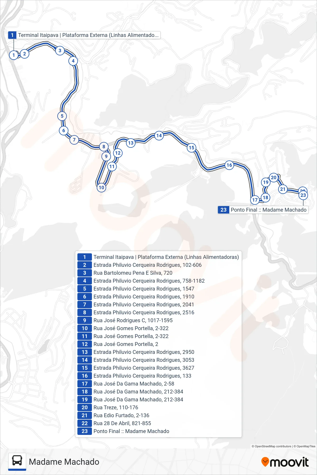 Rota e paradas da linha de ônibus 704 (Madame Machado (via Jardim Americano)) no mapa