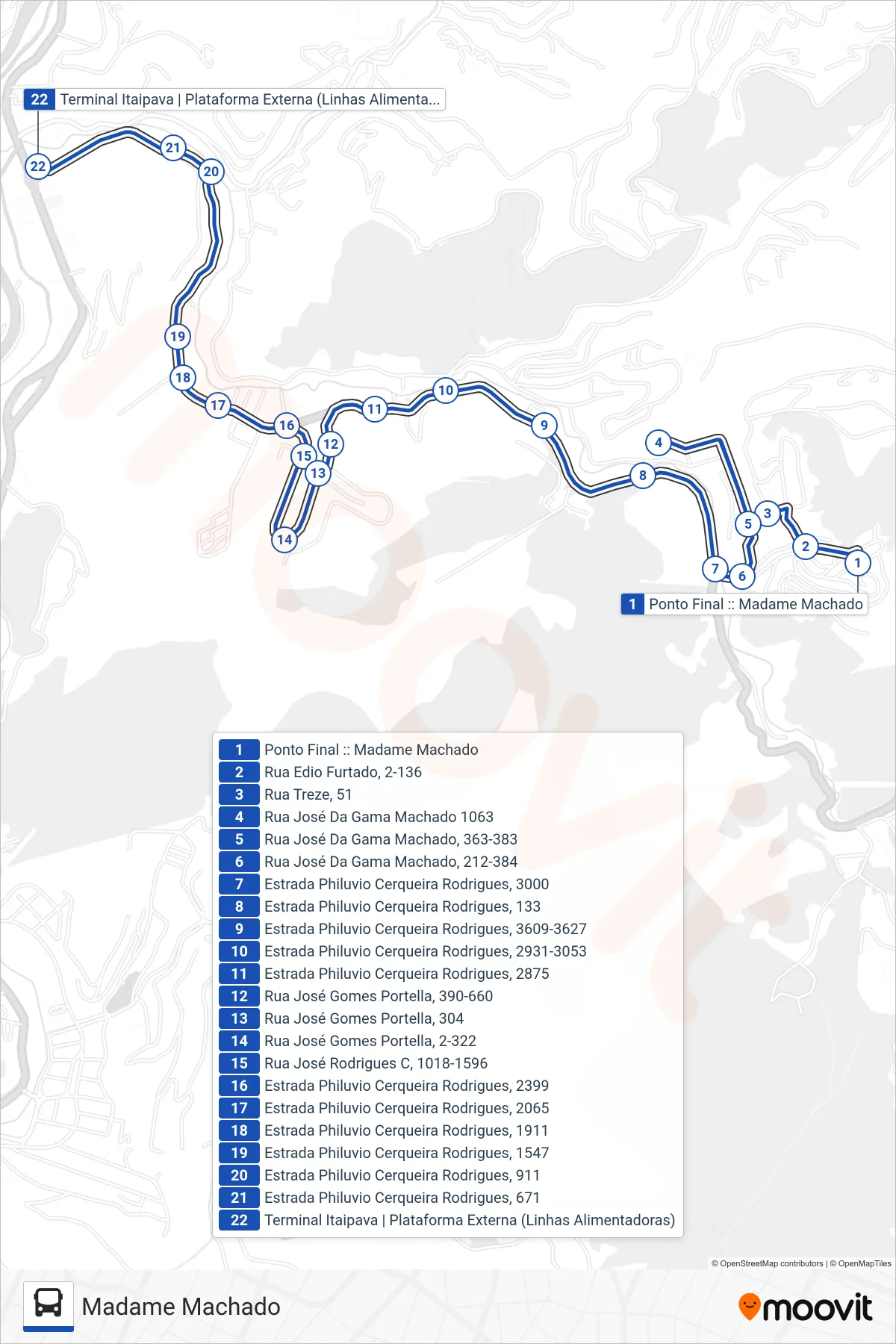 Rota e paradas da linha de ônibus 704 (Terminal Itaipava (via Jardim Americano)) no mapa