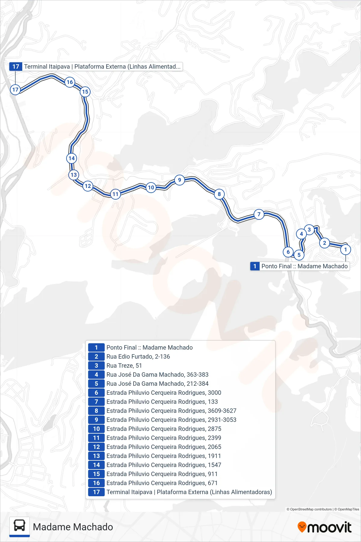 Rota e paradas da linha de ônibus  704  (Terminal Itaipava) no mapa