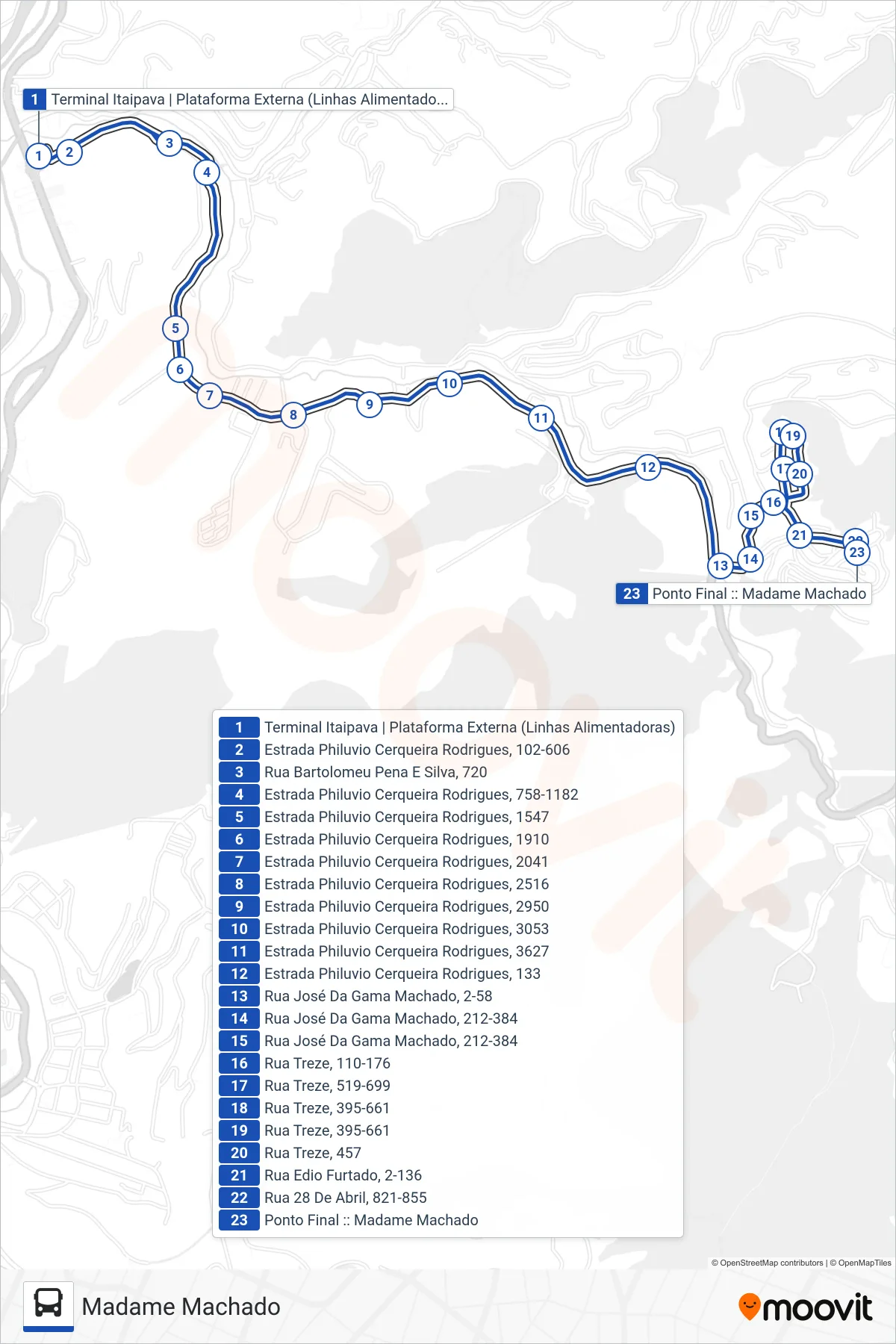 Rota e paradas da linha de ônibus 704 (Madame Machado) no mapa
