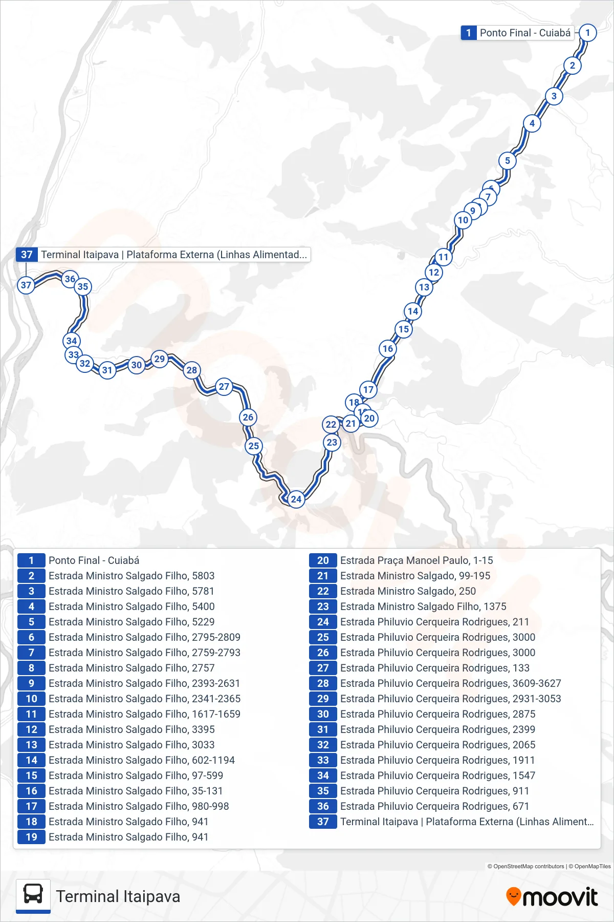 Rota e paradas da linha de ônibus 705 (Terminal Itaipava) no mapa