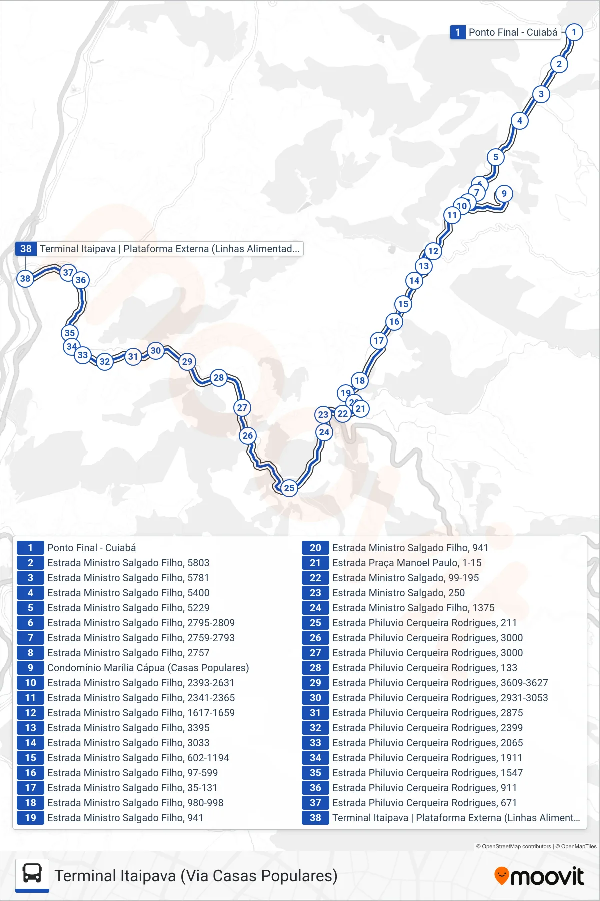 705 bus Line (Terminal Itaipava (Via Casas Populares)) route and stops on a map