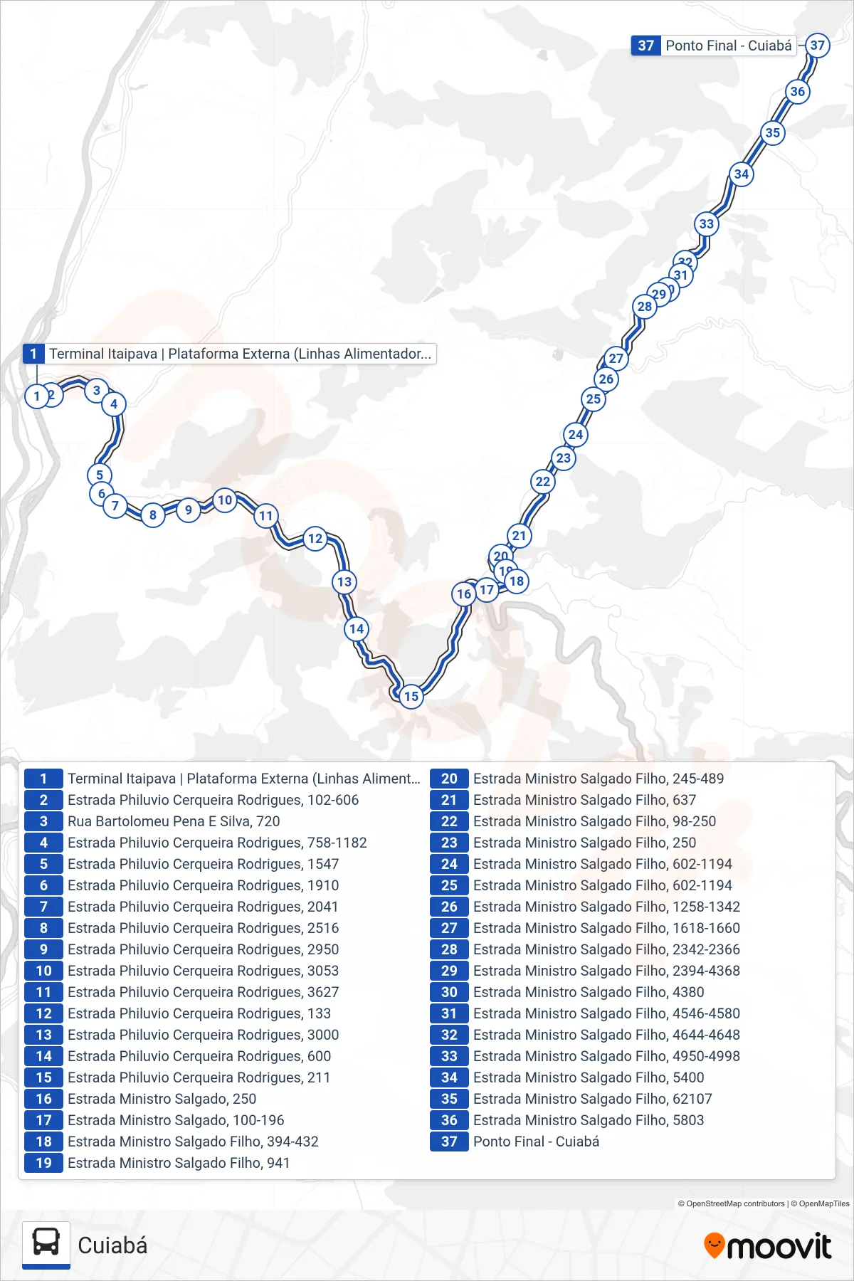 705 bus Line (Cuiabá) route and stops on a map