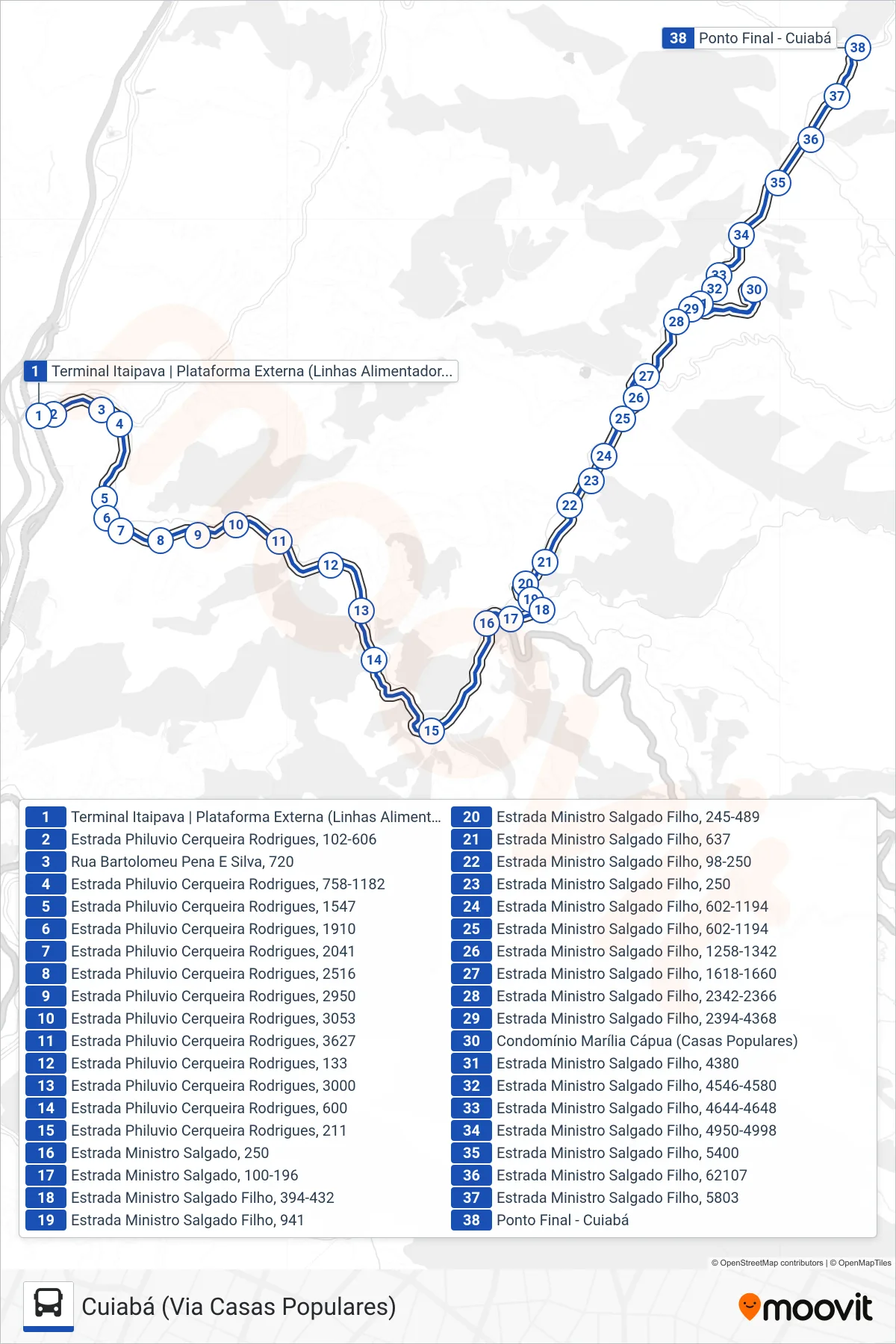 705 bus Line (Cuiabá (Via Casas Populares)) route and stops on a map
