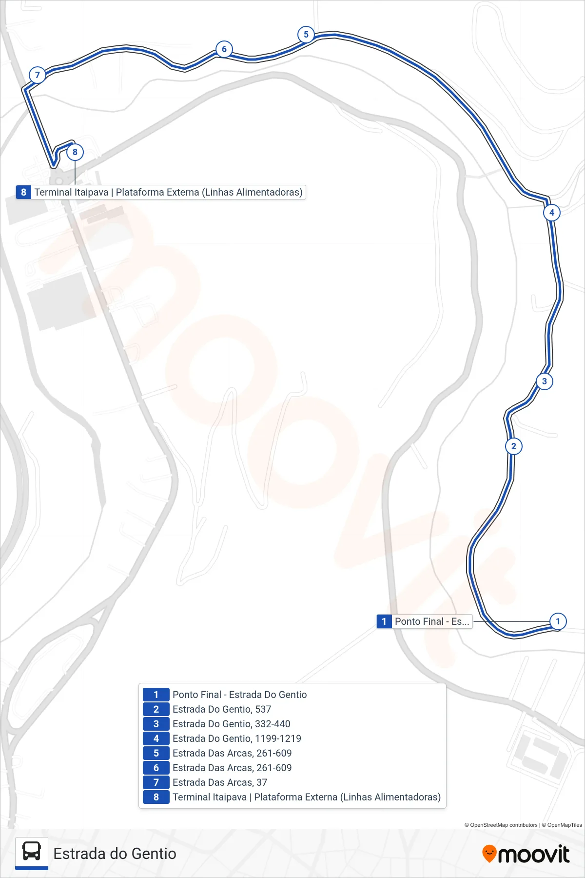 Rota e paradas da linha de ônibus 706 (Terminal Itaipava) no mapa