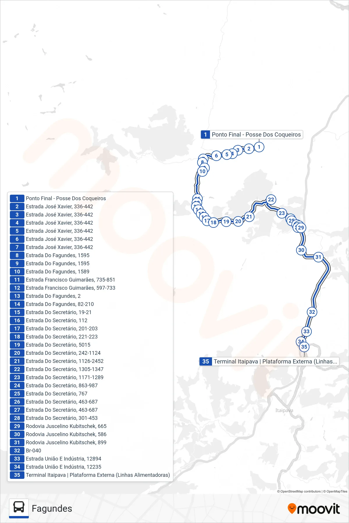 Rota e paradas da linha de ônibus 707 (Terminal Itaipava) no mapa