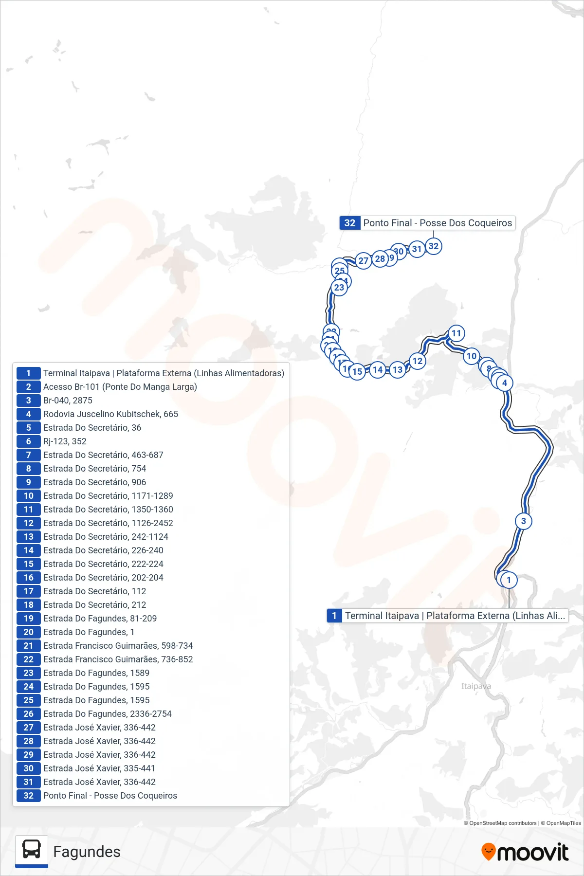 Rota e paradas da linha de ônibus 707 (Fagundes) no mapa