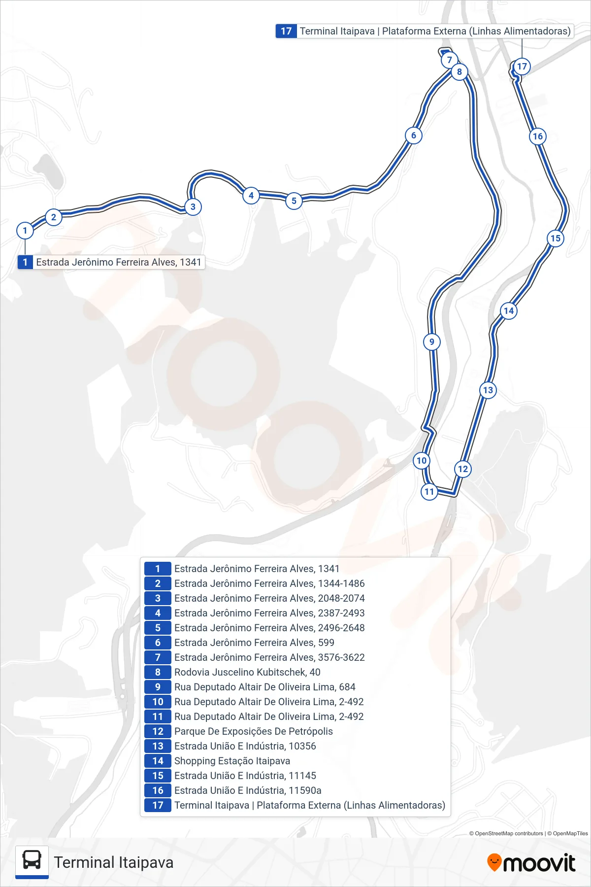 Rota e paradas da linha de ônibus 709 (Terminal Itaipava) no mapa
