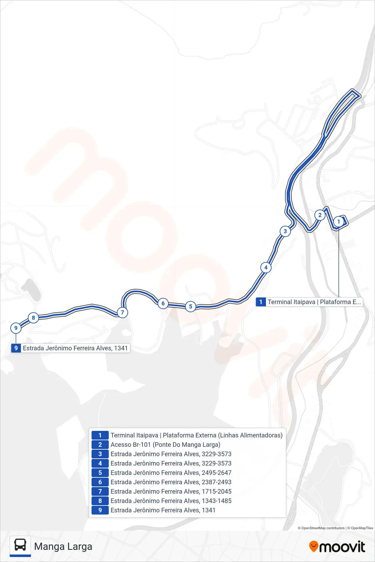 Rota e paradas da linha de ônibus  709  (Manga Larga) no mapa