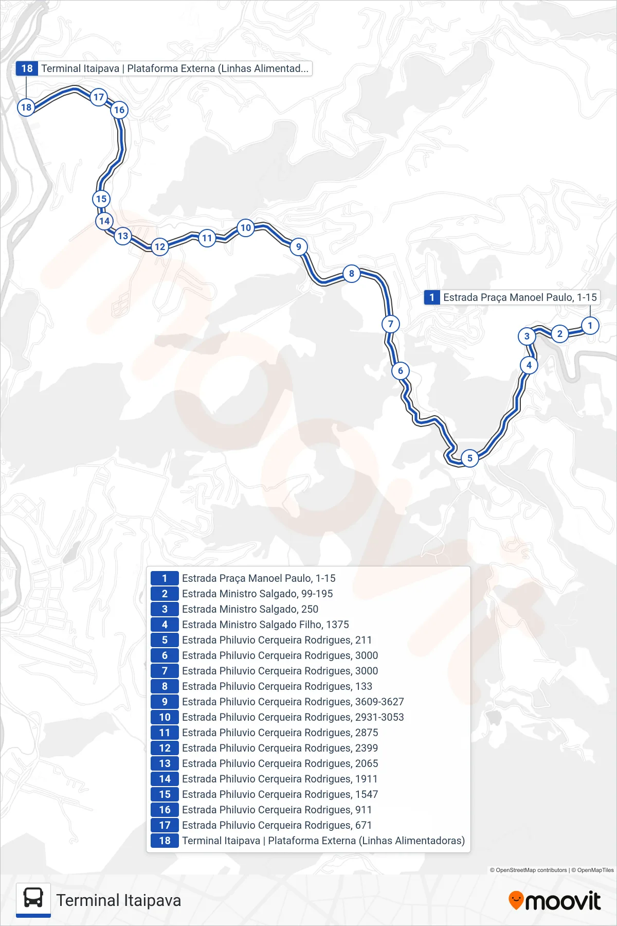 Rota e paradas da linha de ônibus  710  (Terminal Itaipava) no mapa