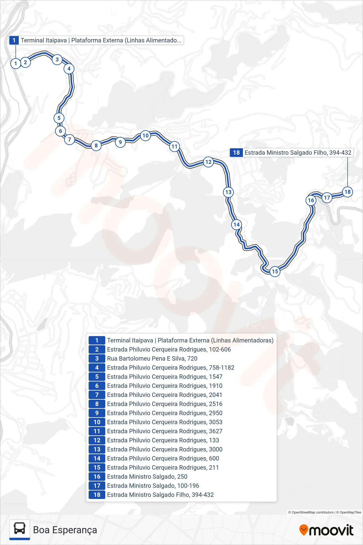 Rota e paradas da linha de ônibus 710 (Boa Esperança) no mapa
