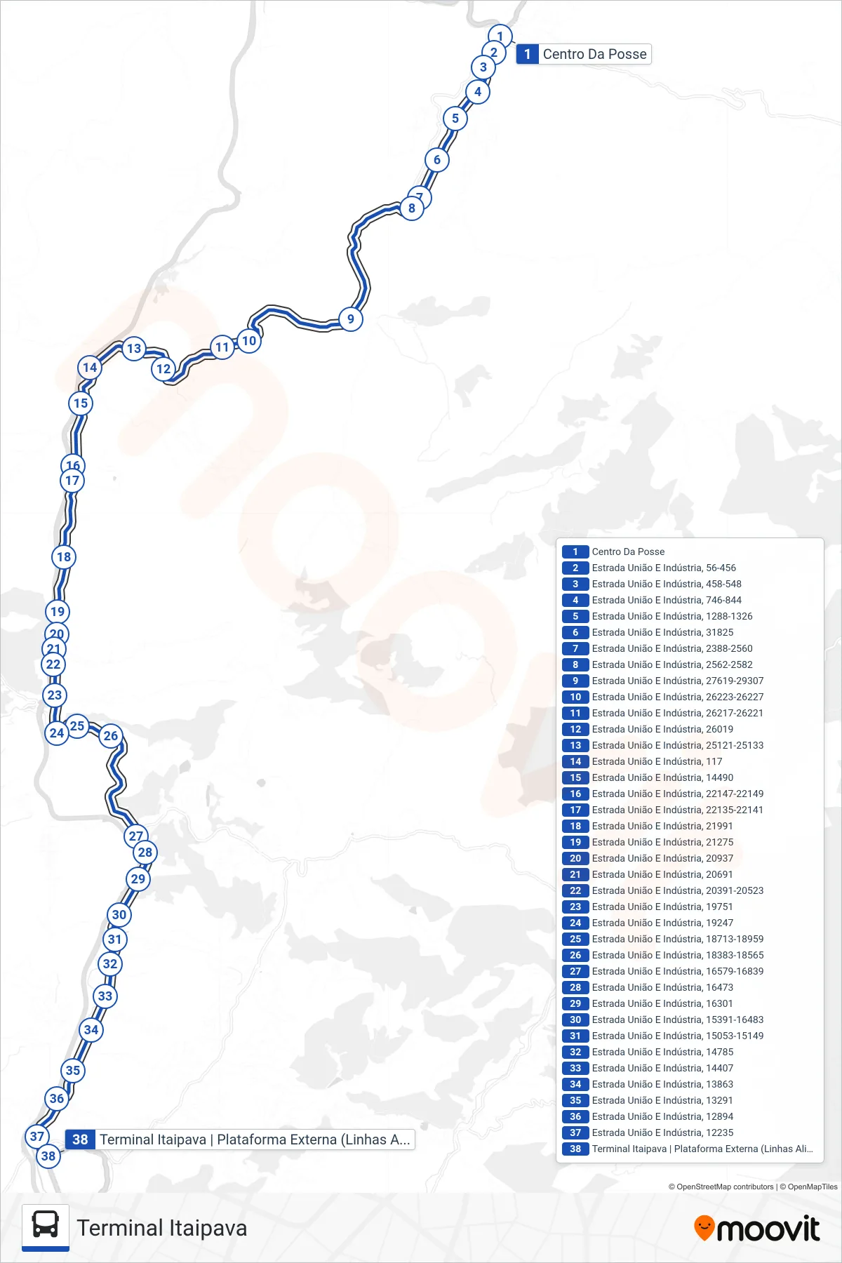 Rota e paradas da linha de ônibus 711 (Terminal Itaipava) no mapa