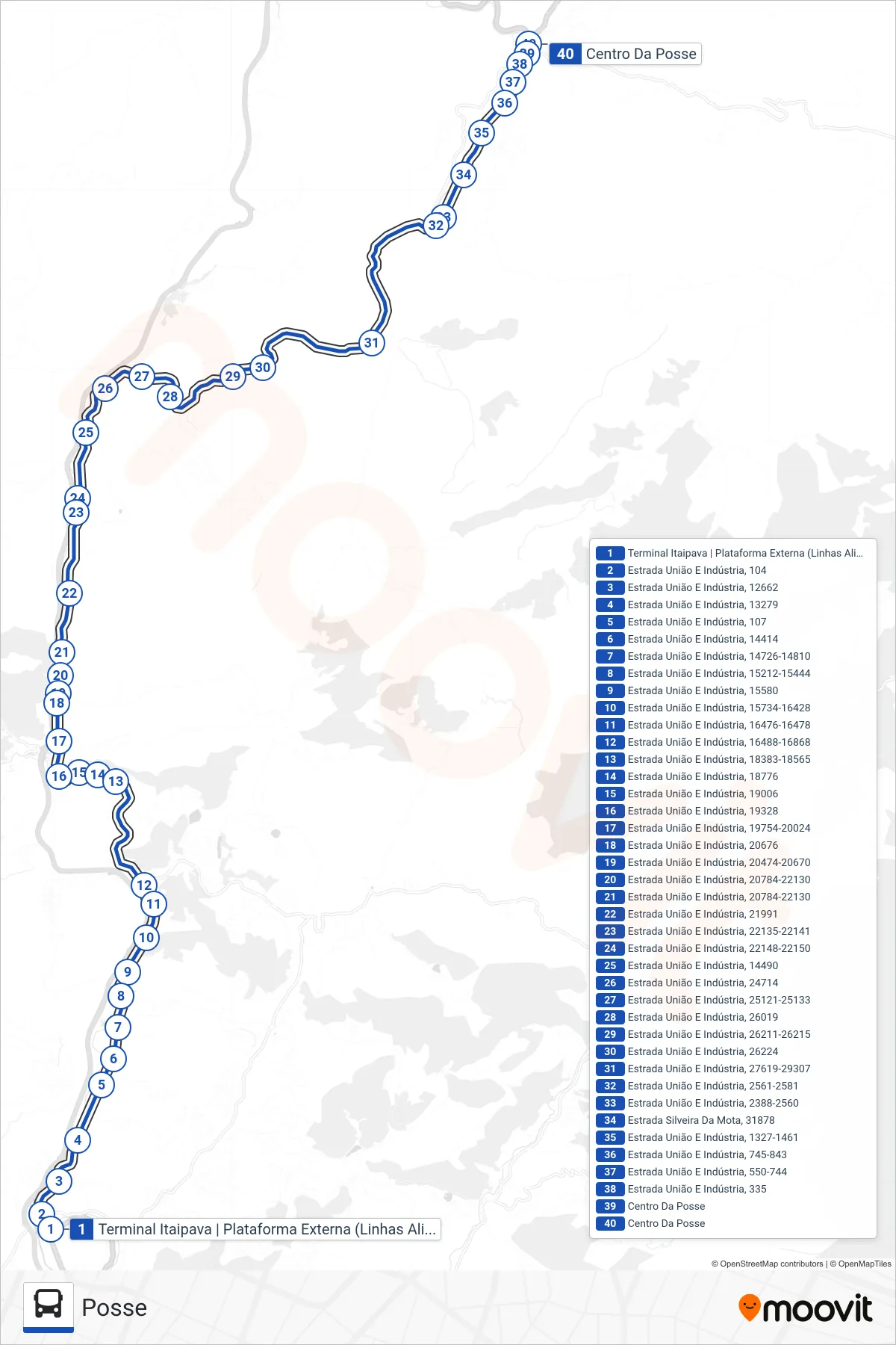 Rota e paradas da linha de ônibus 711 (Posse) no mapa