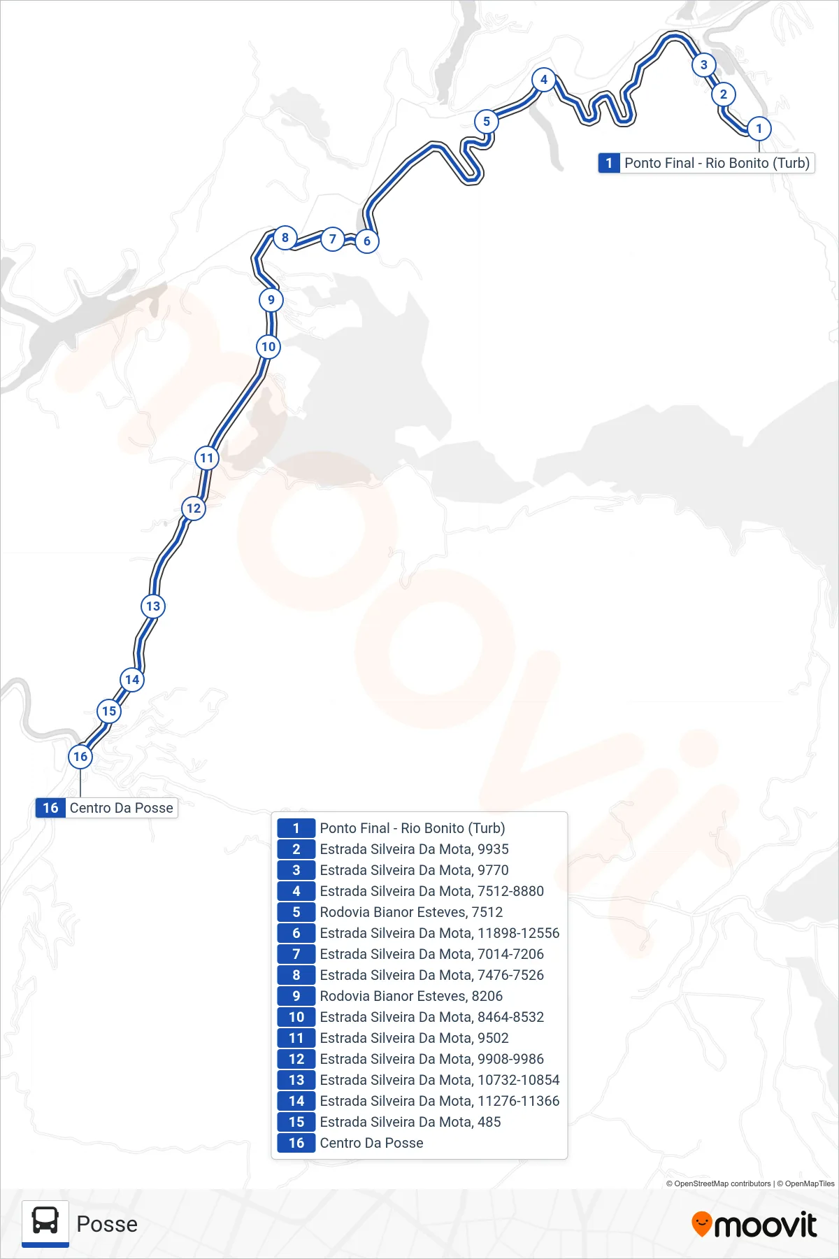 Rota e paradas da linha de ônibus  712  (Posse) no mapa