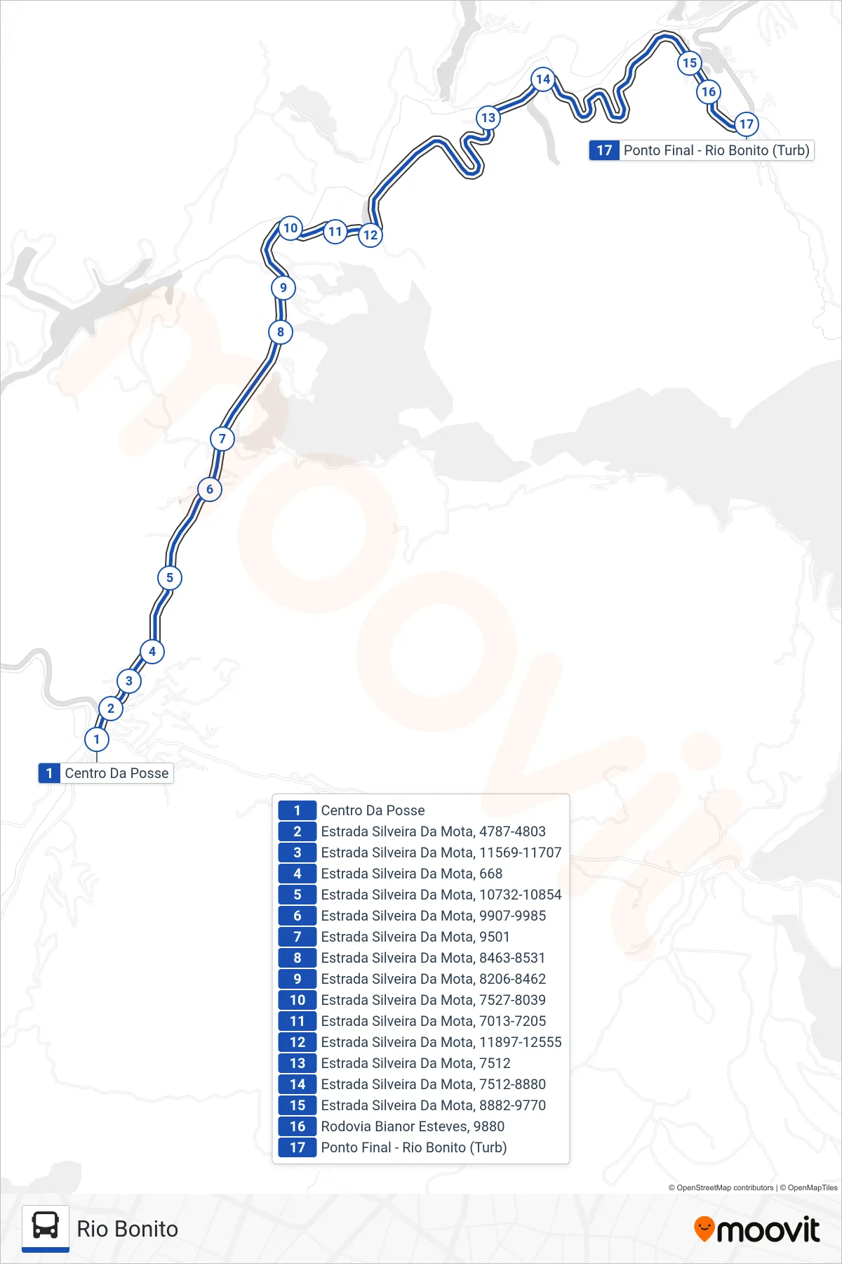 Rota e paradas da linha de ônibus  712  (Rio Bonito) no mapa