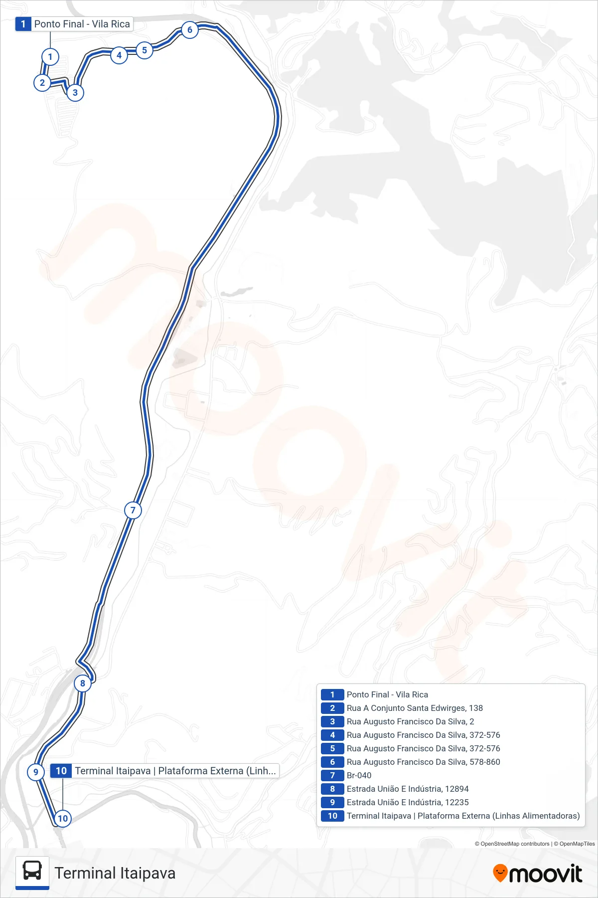 Rota e paradas da linha de ônibus 713 (Terminal Itaipava) no mapa