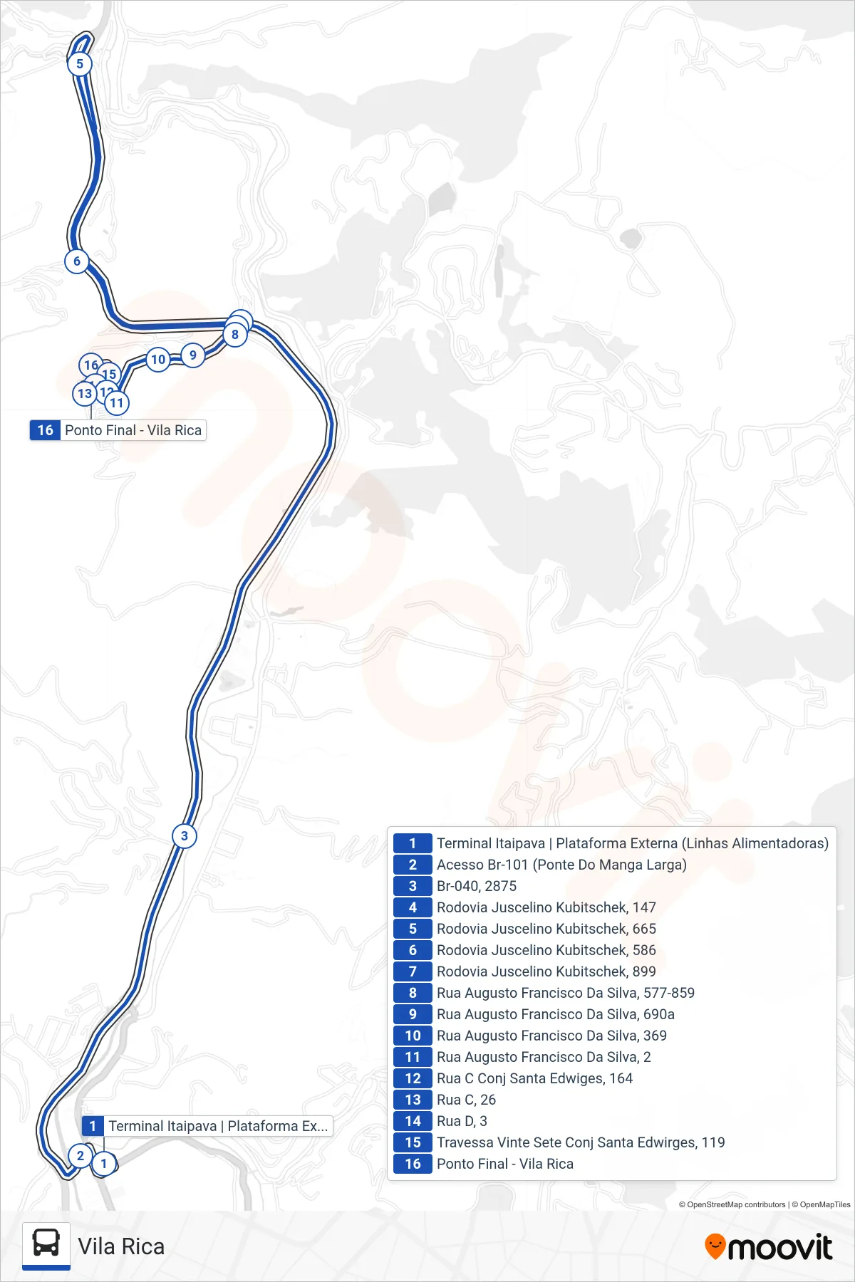 713 bus Line (Vila Rica) route and stops on a map