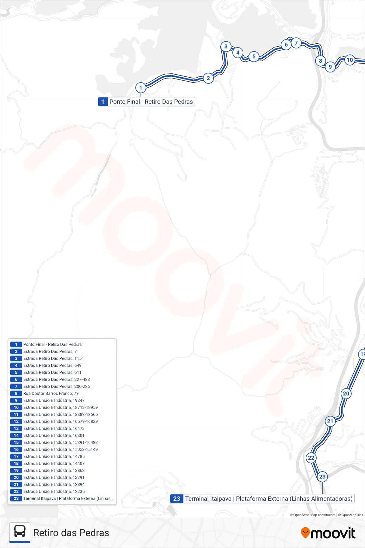 715 bus Line (Terminal Itaipava) route and stops on a map