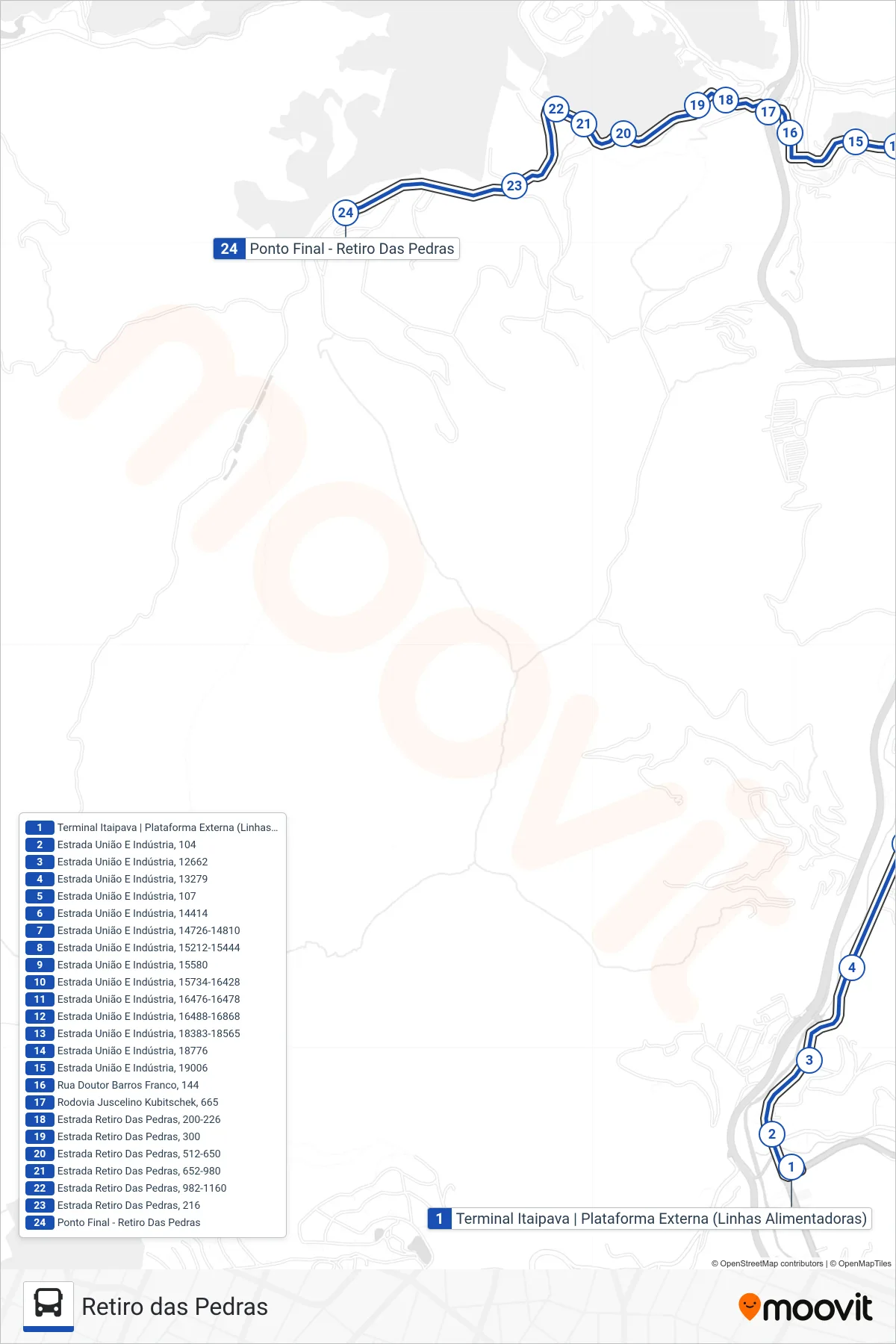 Rota e paradas da linha de ônibus 715 (Retiro Das Pedras) no mapa