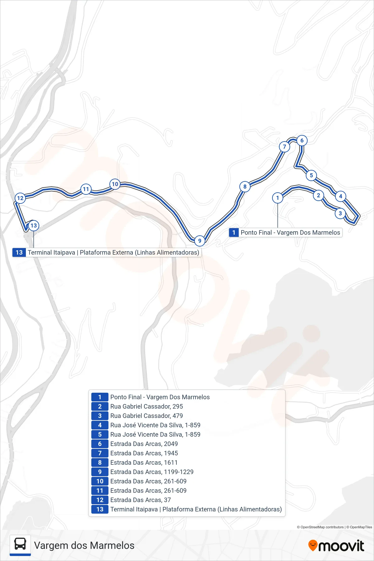 Rota e paradas da linha de ônibus 716 (Terminal Itaipava) no mapa