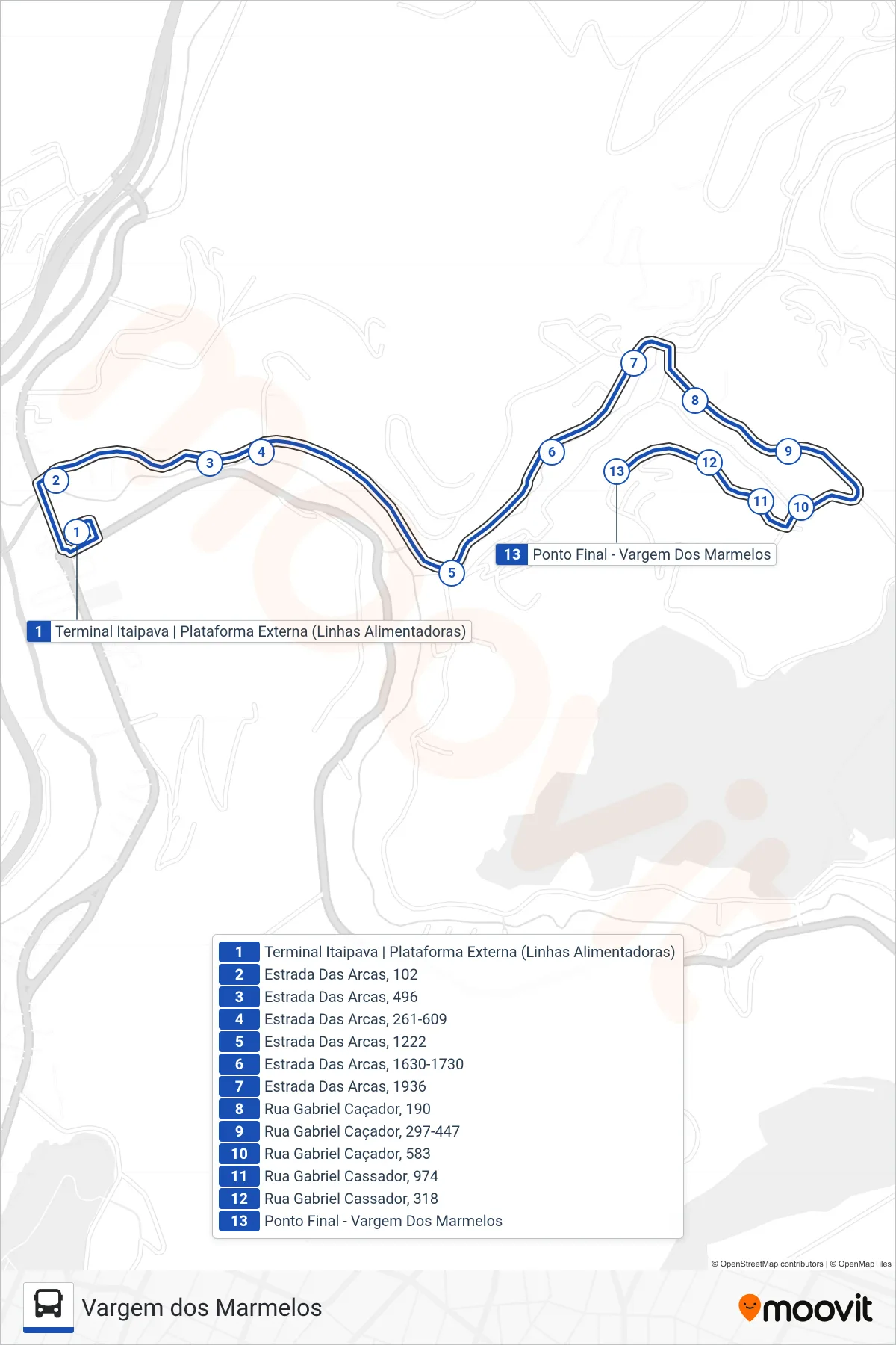Rota e paradas da linha de ônibus 716 (Vargem Dos Marmelos) no mapa