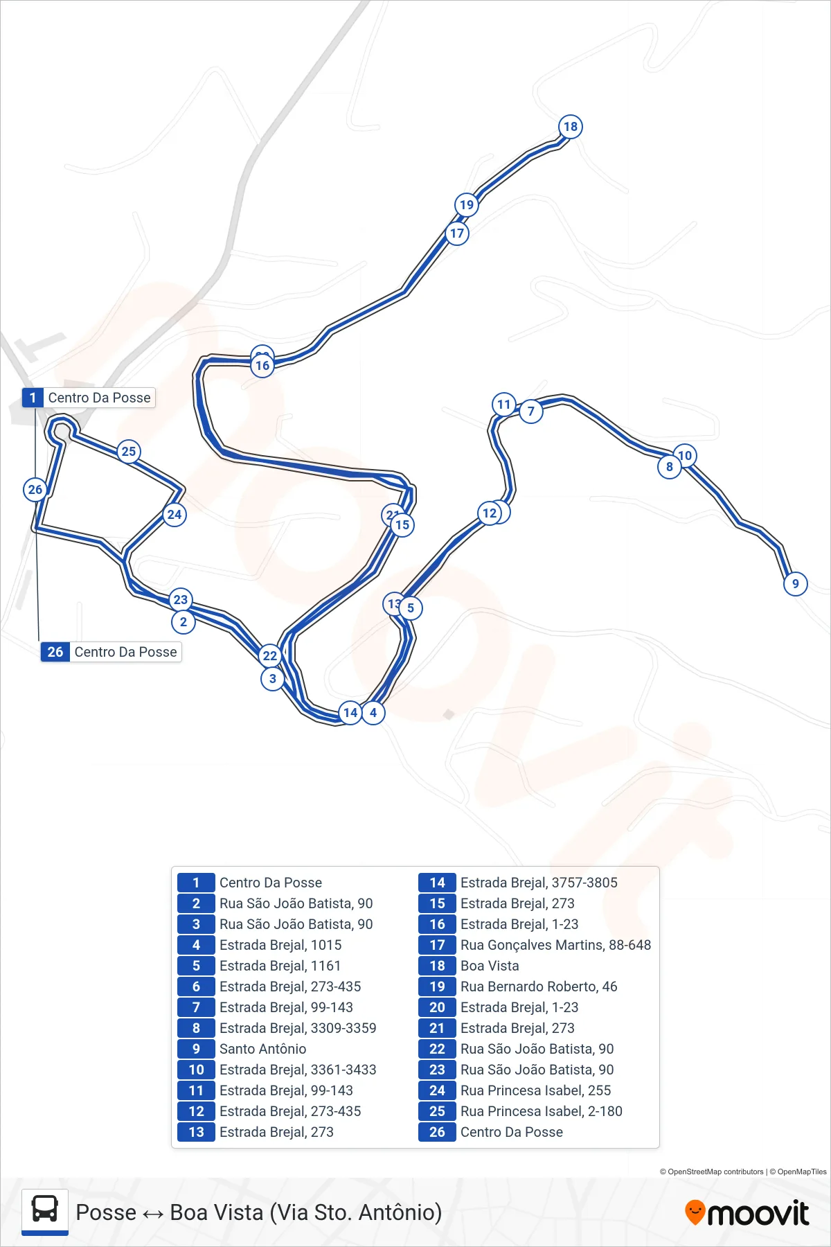 Rota e paradas da linha de ônibus 717 (Posse ↔ Boa Vista (Via Sto. Antônio)) no mapa