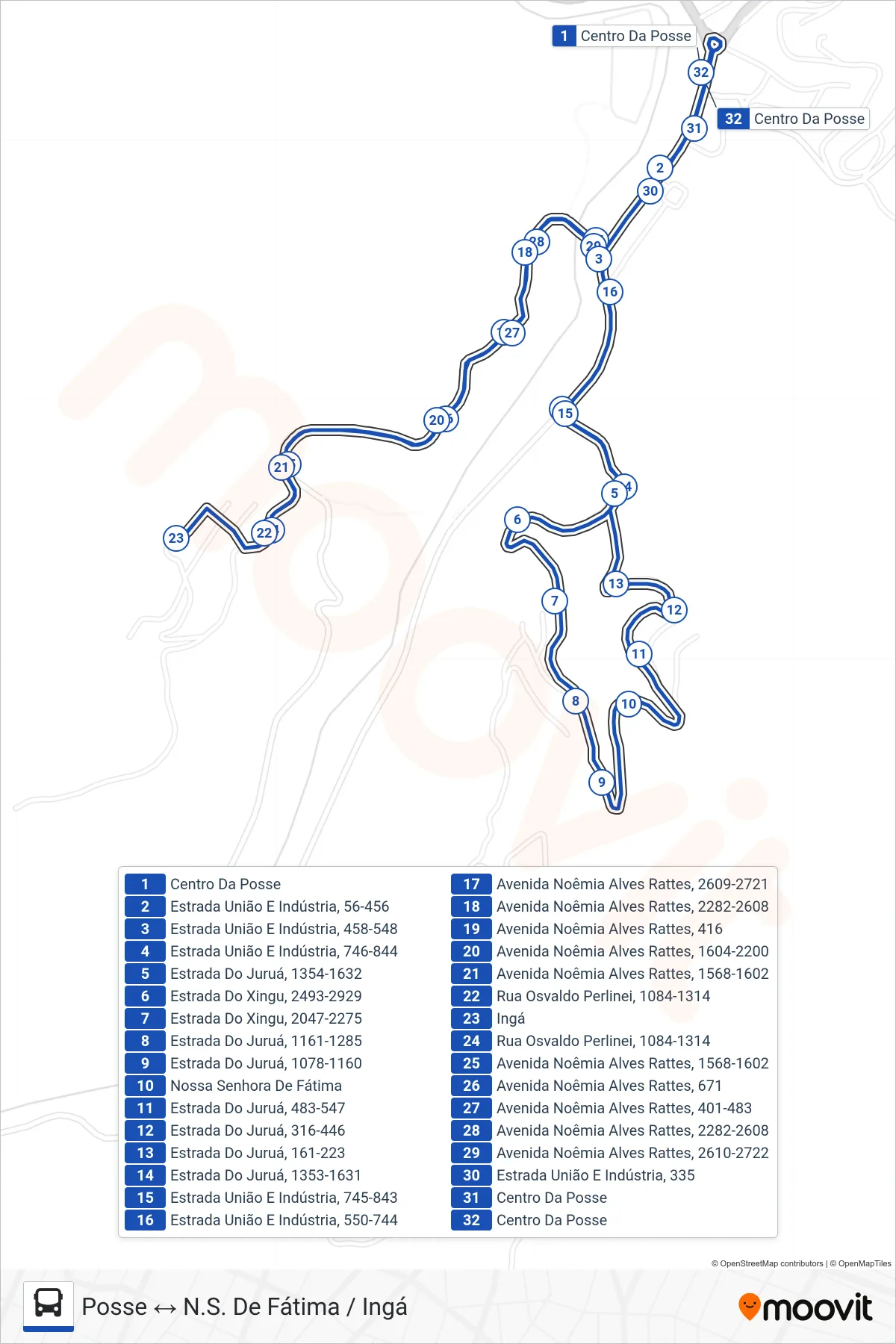 717 bus Line (Posse ↔ N.S. De Fátima / Ingá) route and stops on a map