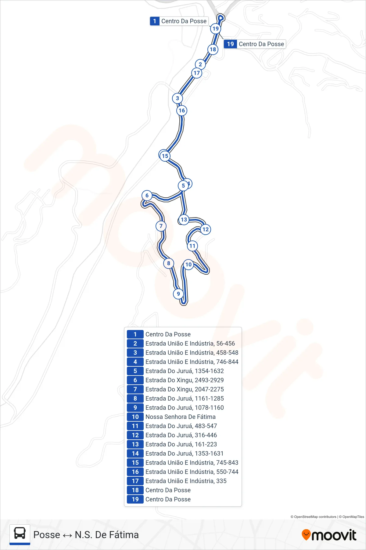 717 bus Line (Posse ↔ N.S. De Fátima) route and stops on a map