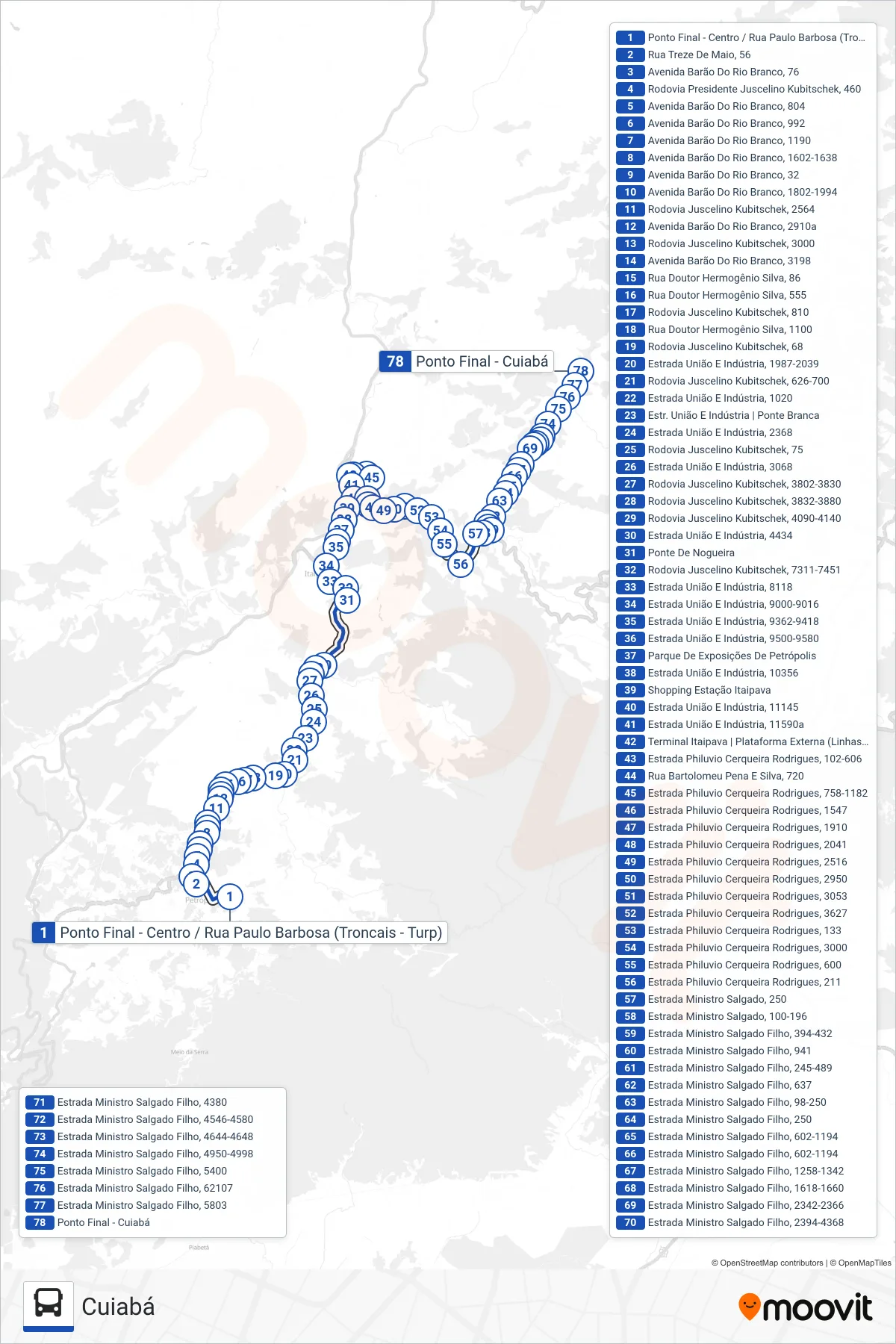 Rota e paradas da linha de ônibus 720 (Cuiabá) no mapa