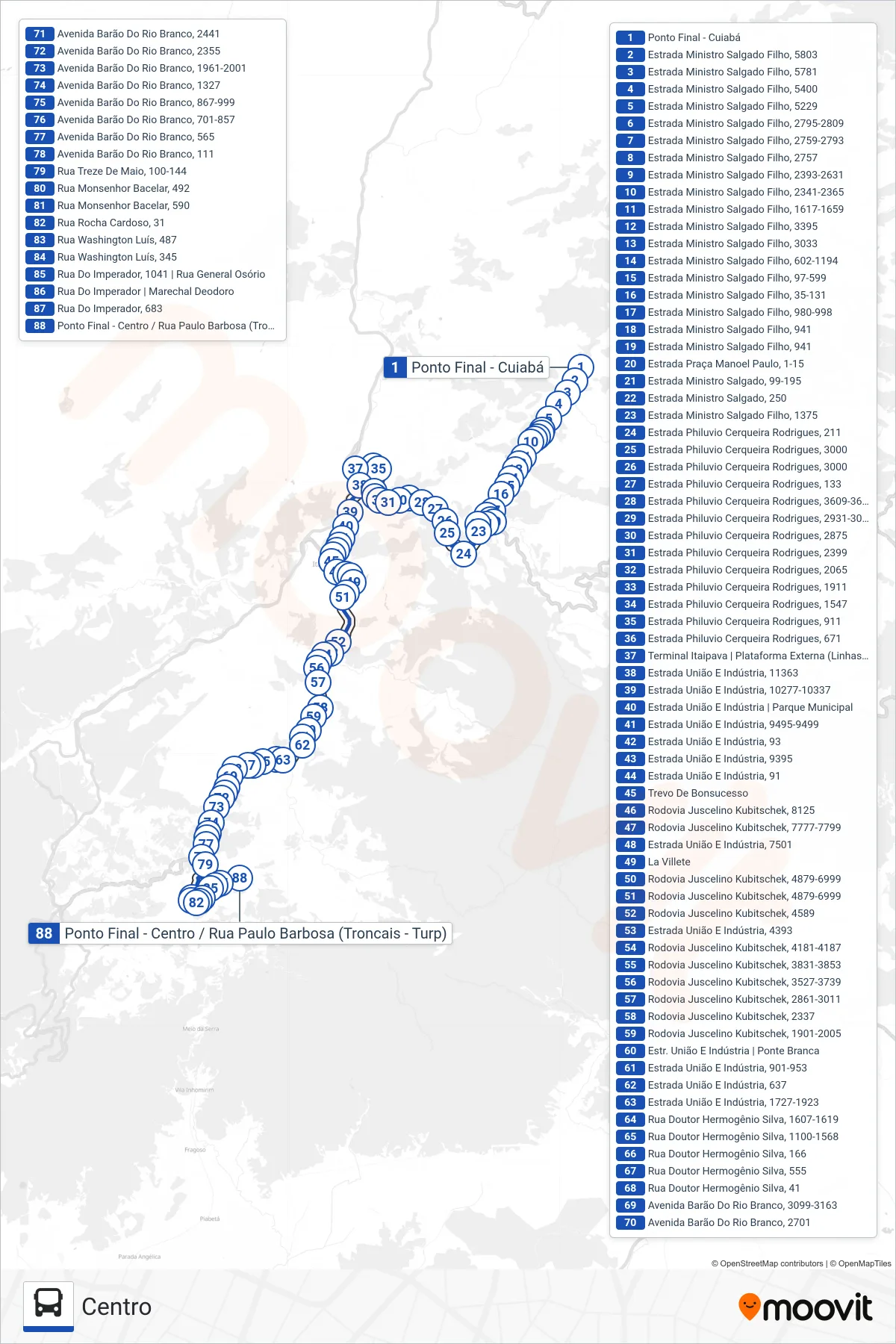 Rota e paradas da linha de ônibus 720 (Centro) no mapa