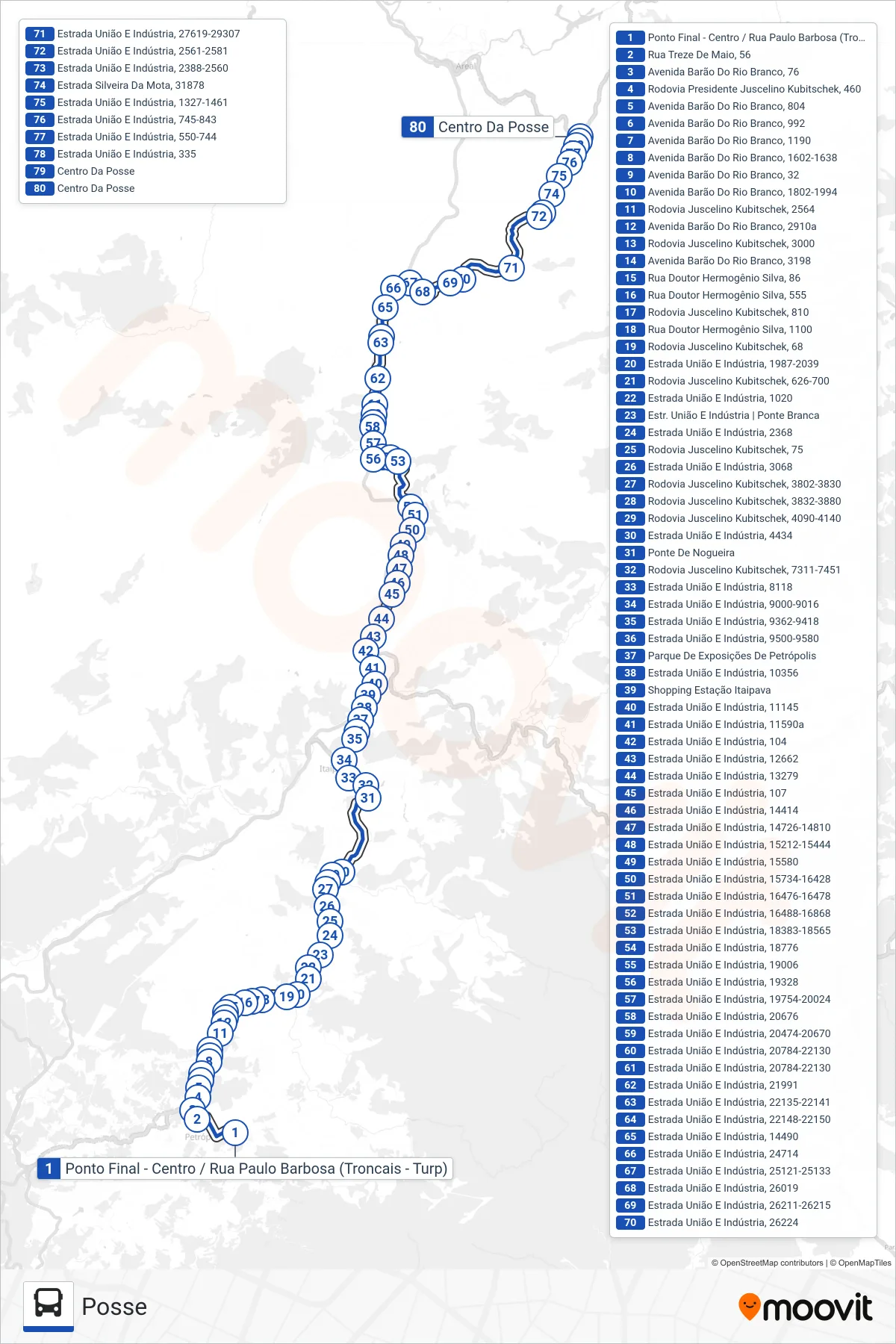 Rota e paradas da linha de ônibus 721 (Posse) no mapa