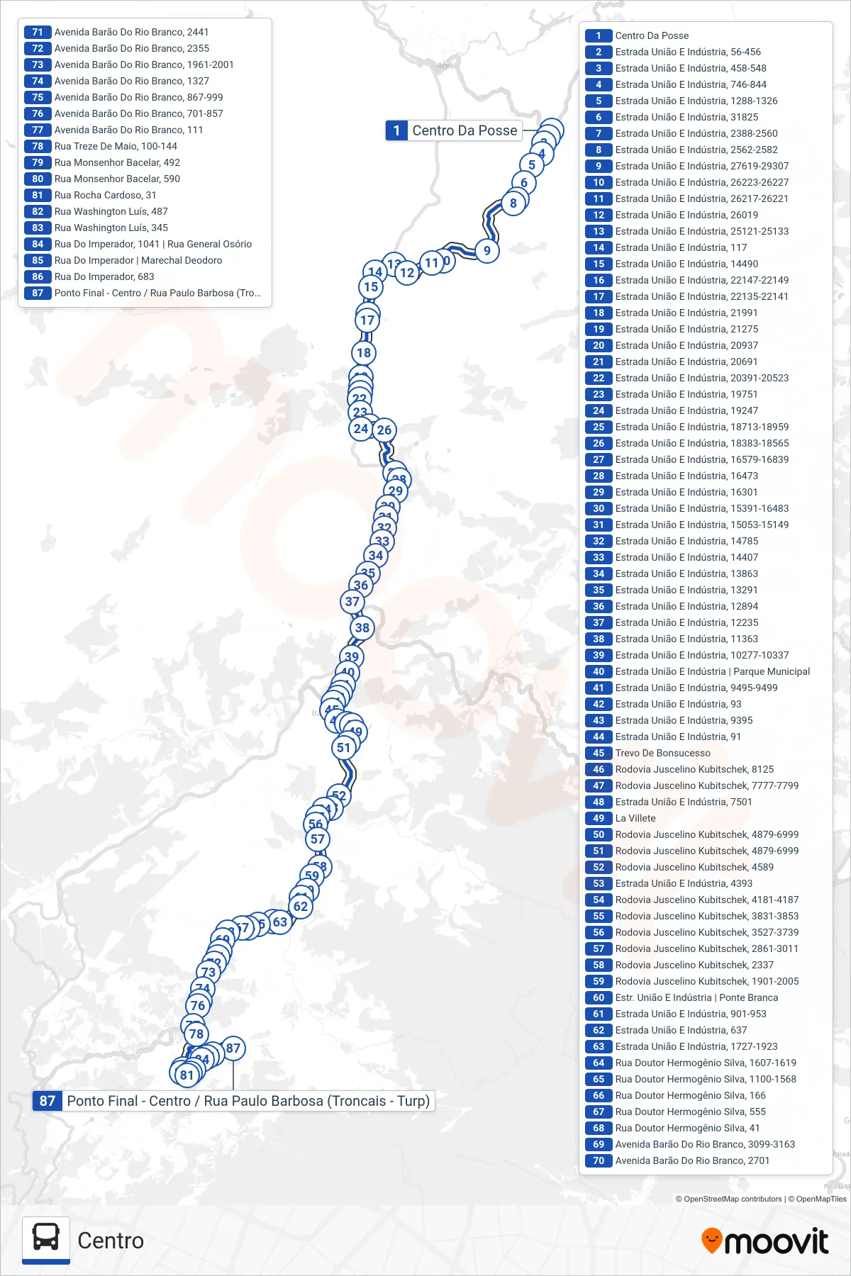 Rota e paradas da linha de ônibus 721 (Centro) no mapa