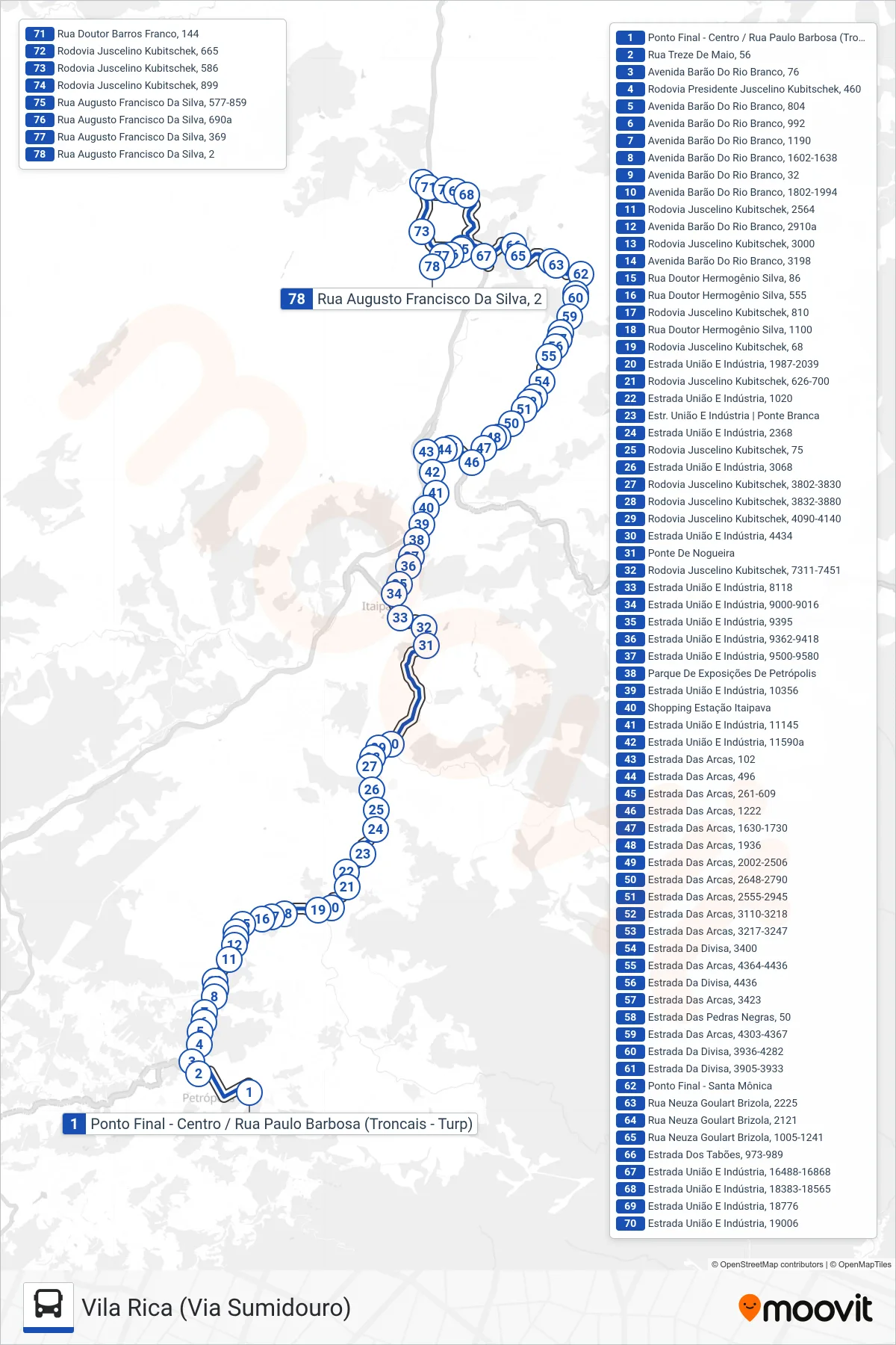 Rota e paradas da linha de ônibus 722 (Vila Rica (Via Sumidouro)) no mapa