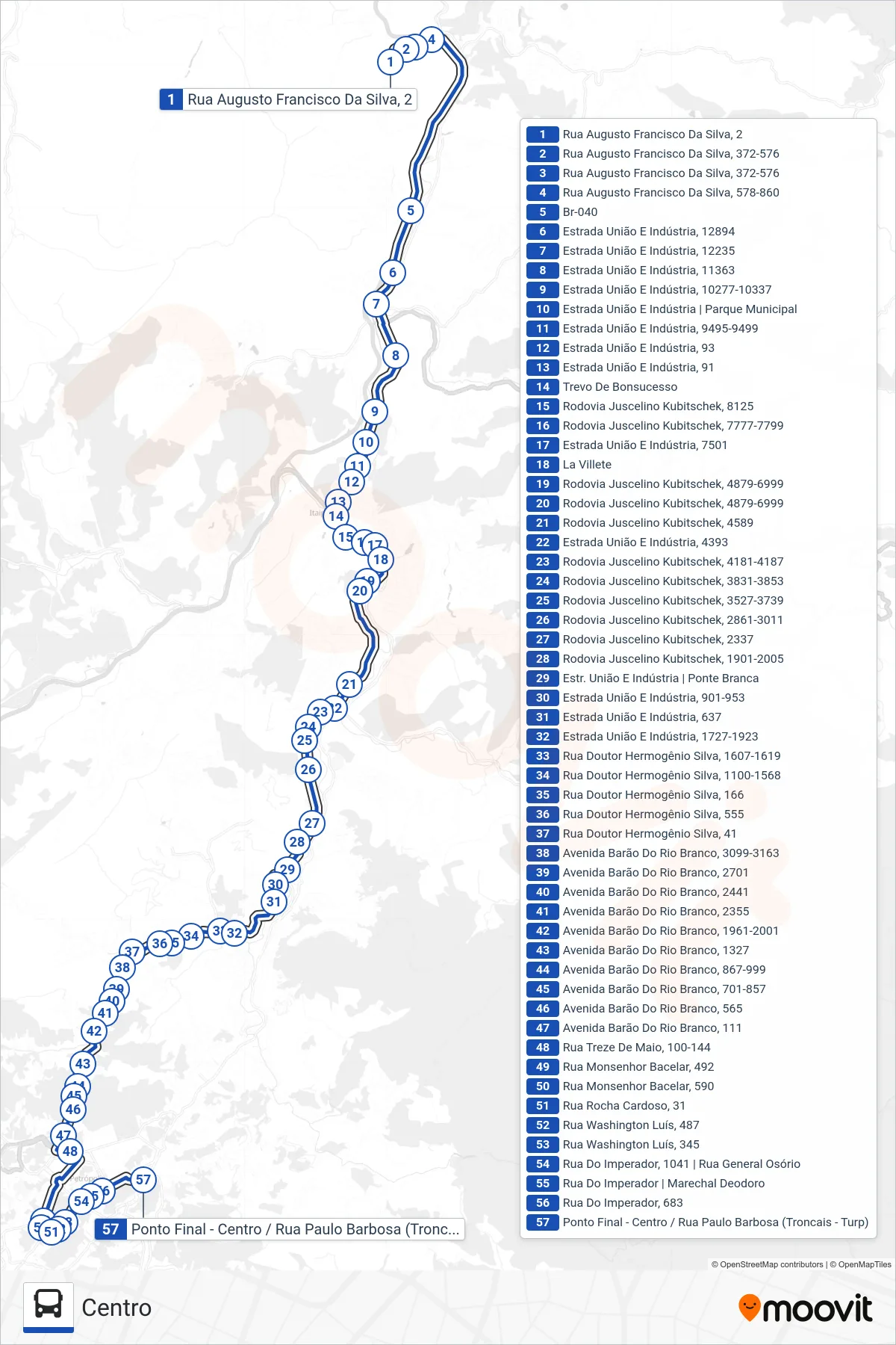 Rota e paradas da linha de ônibus 722 (Centro) no mapa