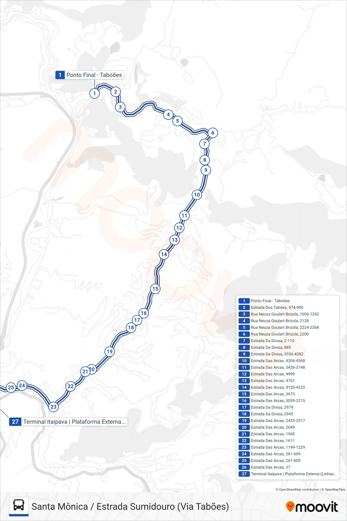 Rota e paradas da linha de ônibus 723 (Terminal Itaipava) no mapa
