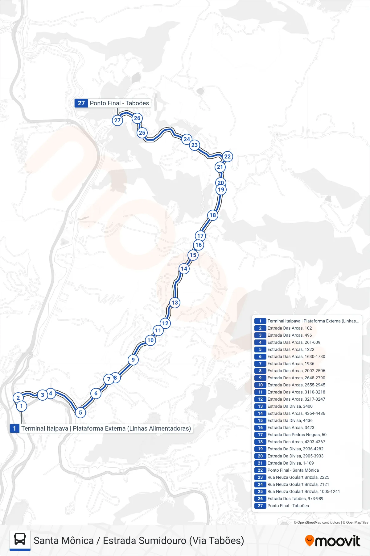723 bus Line (Santa Mônica / Estr. Sumidouro) route and stops on a map