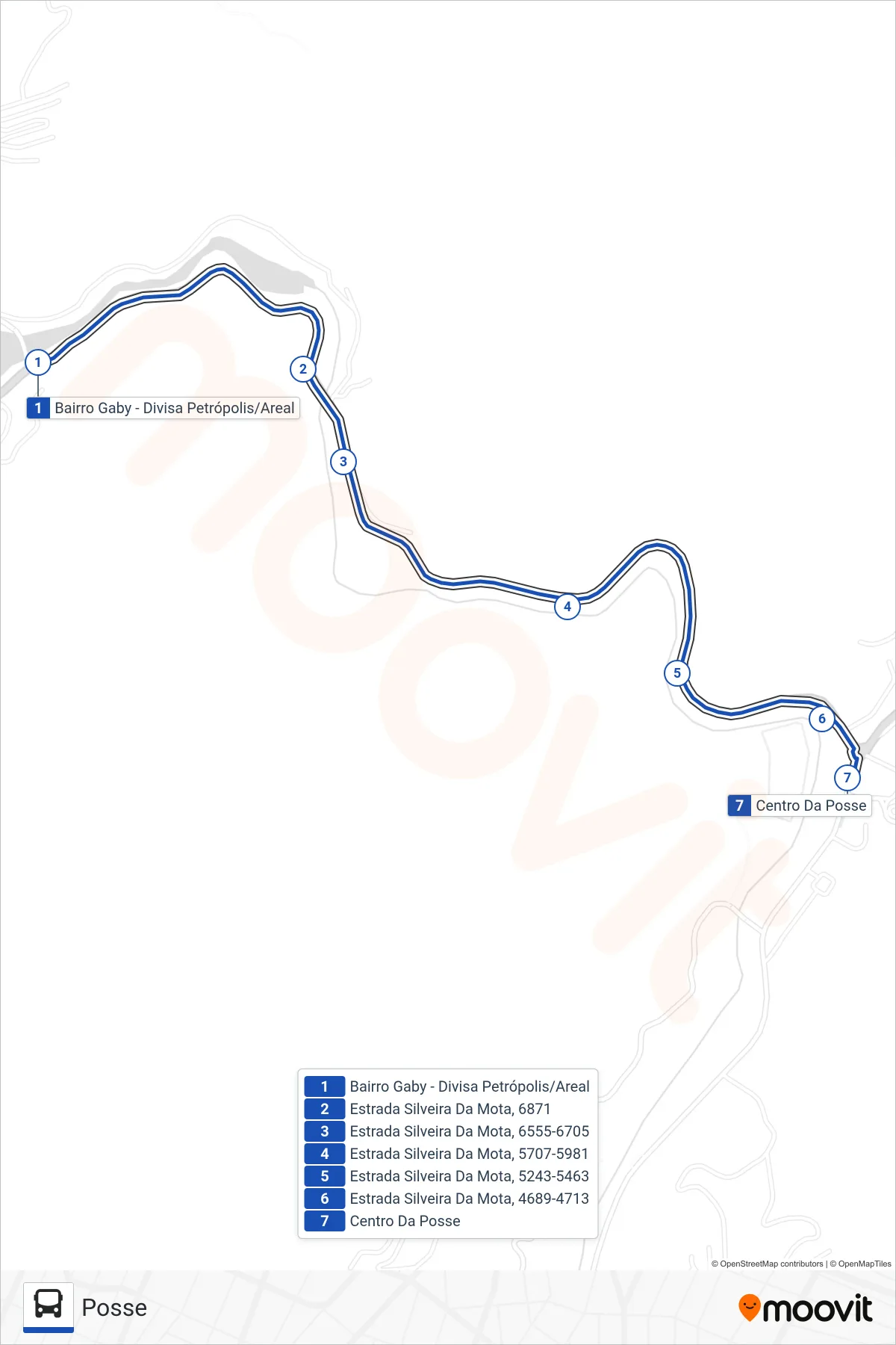 Rota e paradas da linha de ônibus 725 (Posse) no mapa