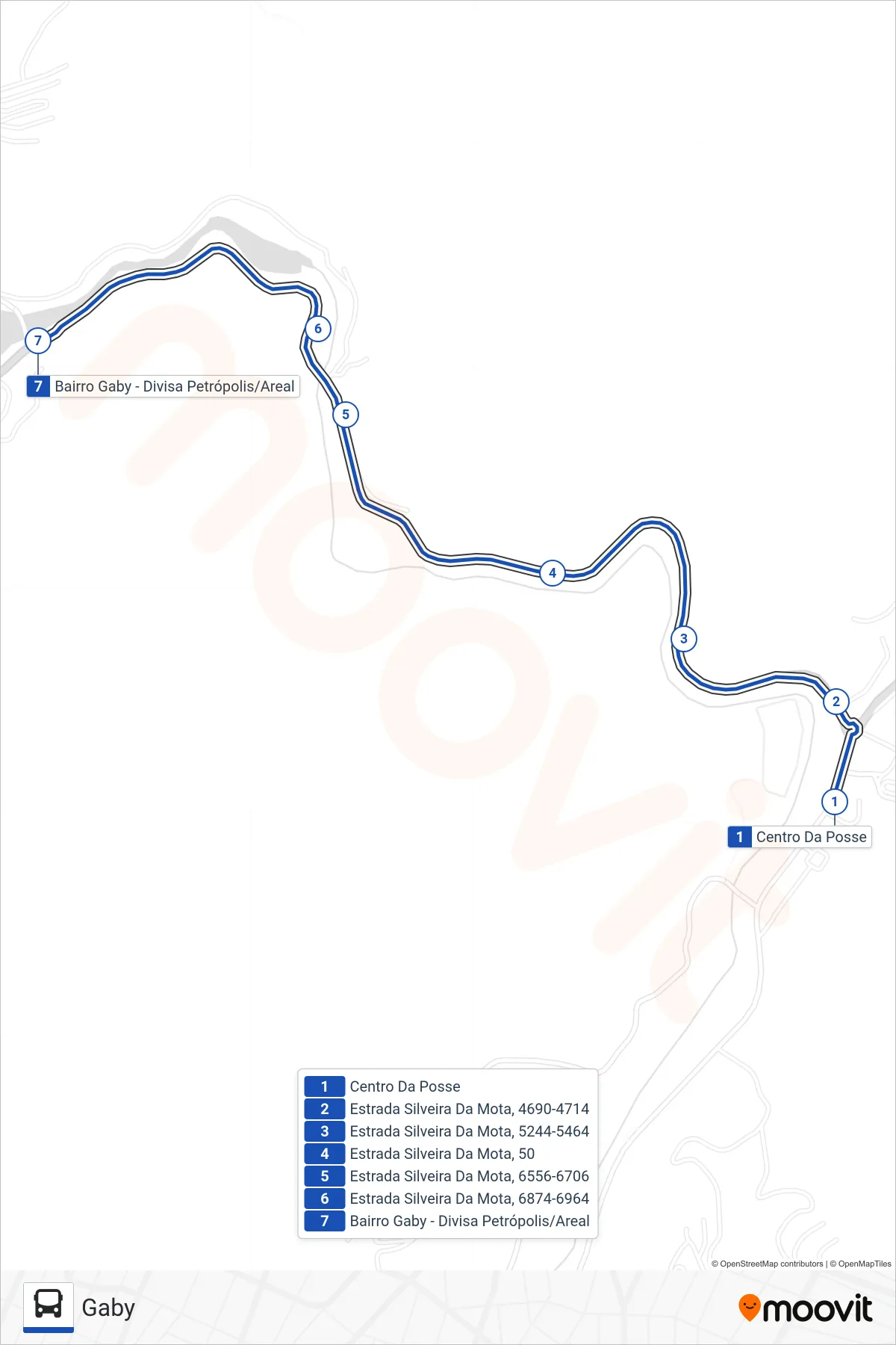 Rota e paradas da linha de ônibus 725 (Gaby) no mapa