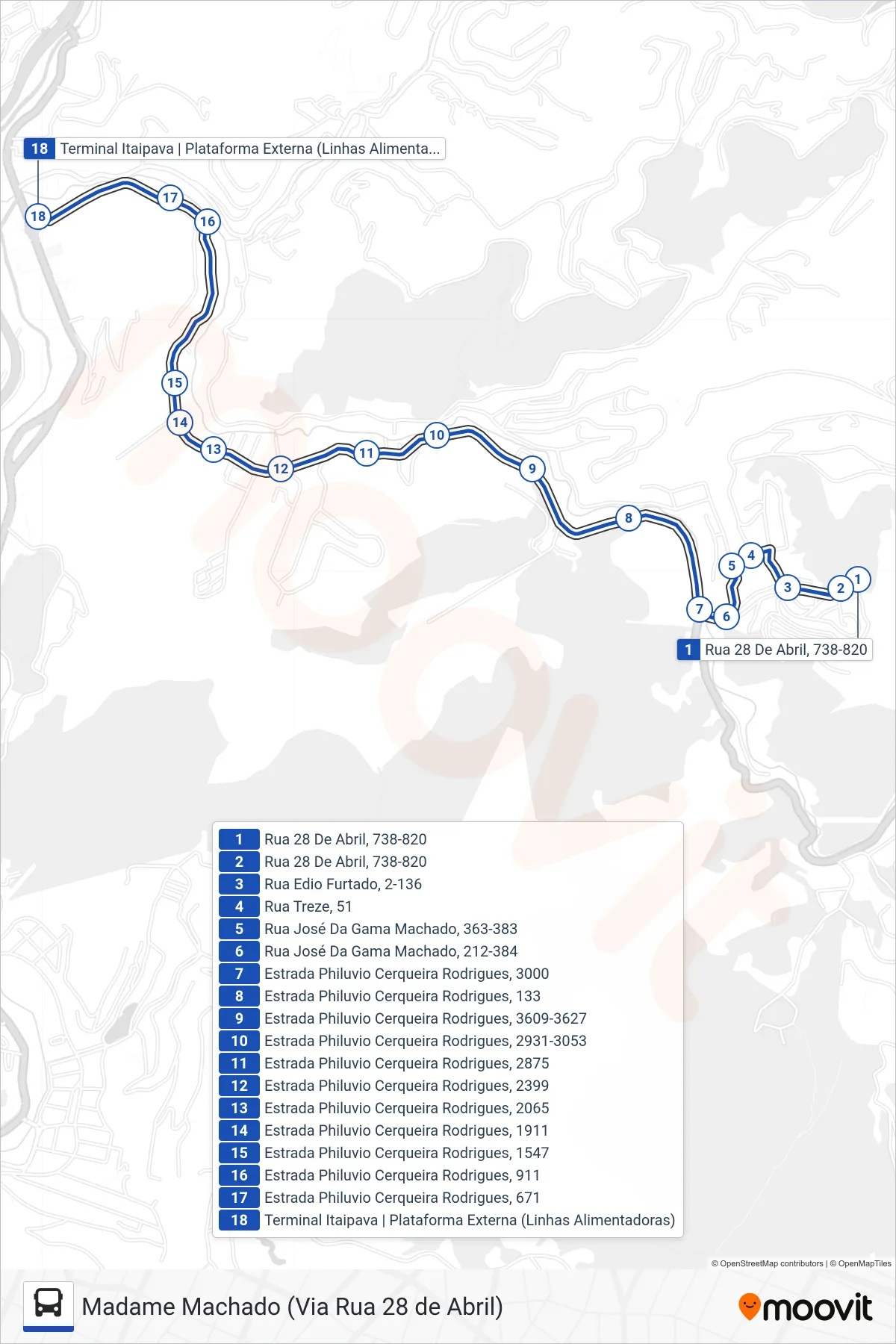 Rota e paradas da linha de ônibus 726 (Terminal Itaipava) no mapa