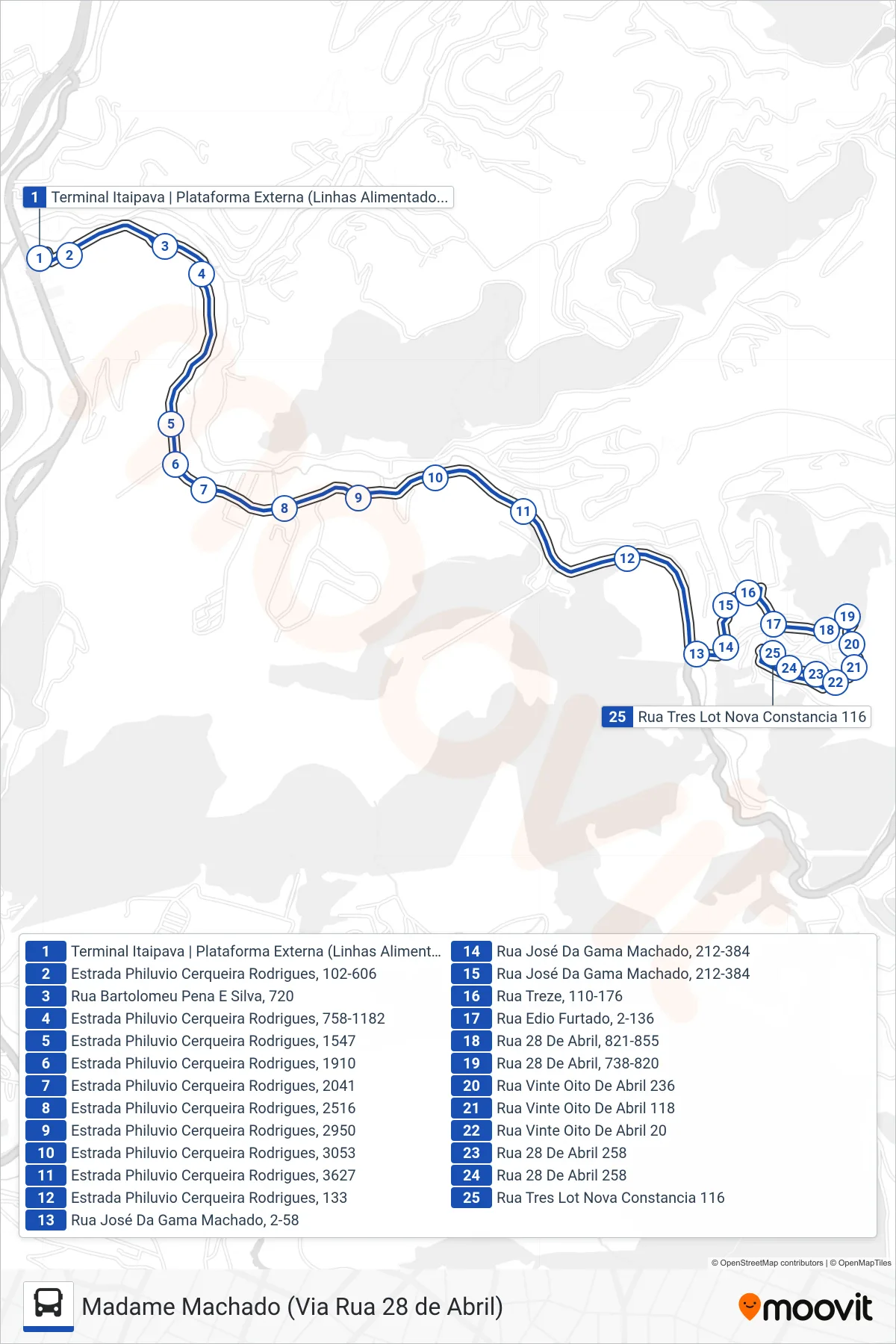 Rota e paradas da linha de ônibus 726 (Madame Machado) no mapa