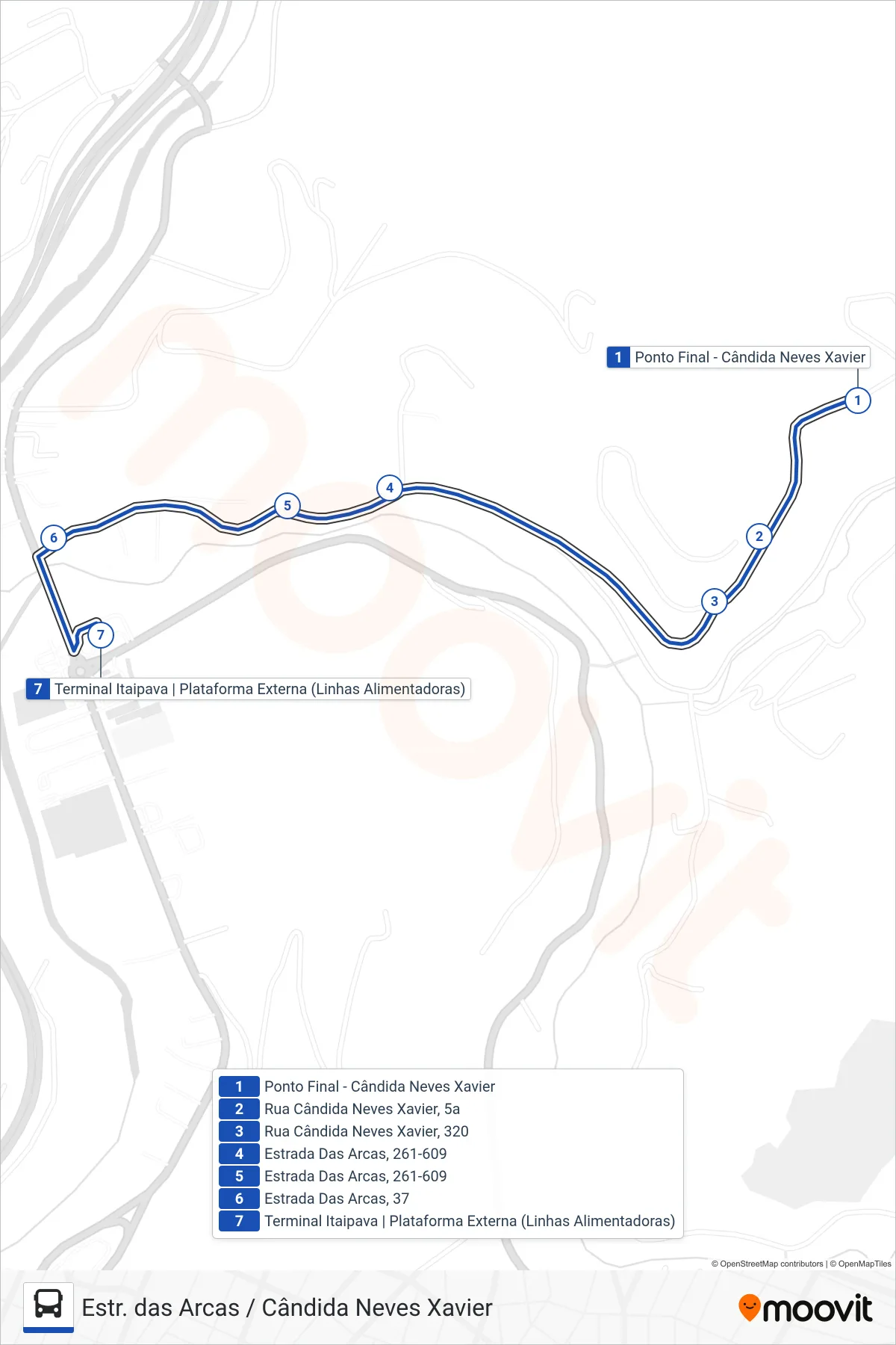Rota e paradas da linha de ônibus 727 (Terminal Itaipava) no mapa